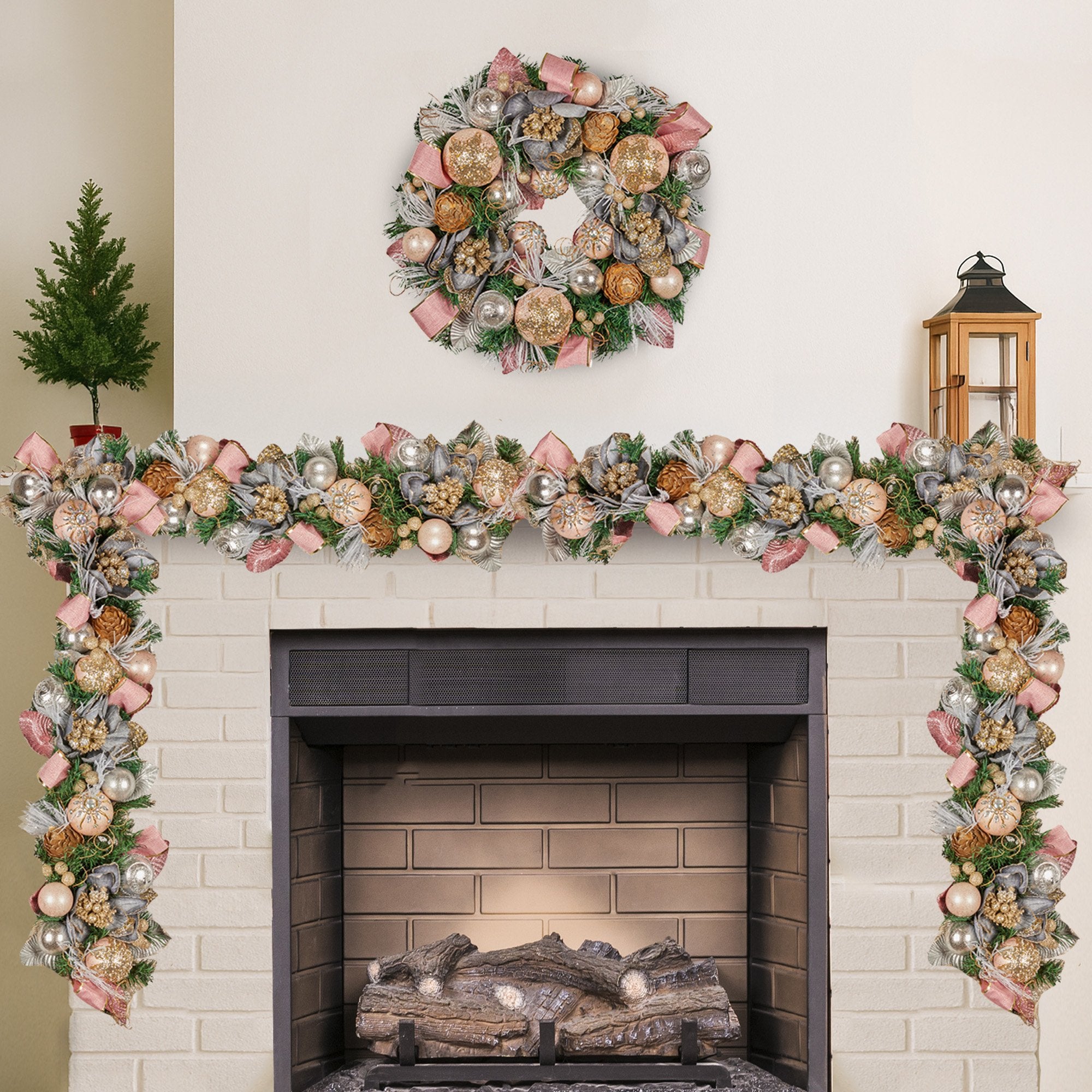 1.85M Pre-Decorated Christmas Garland with Jewelled Baubles & Flowers