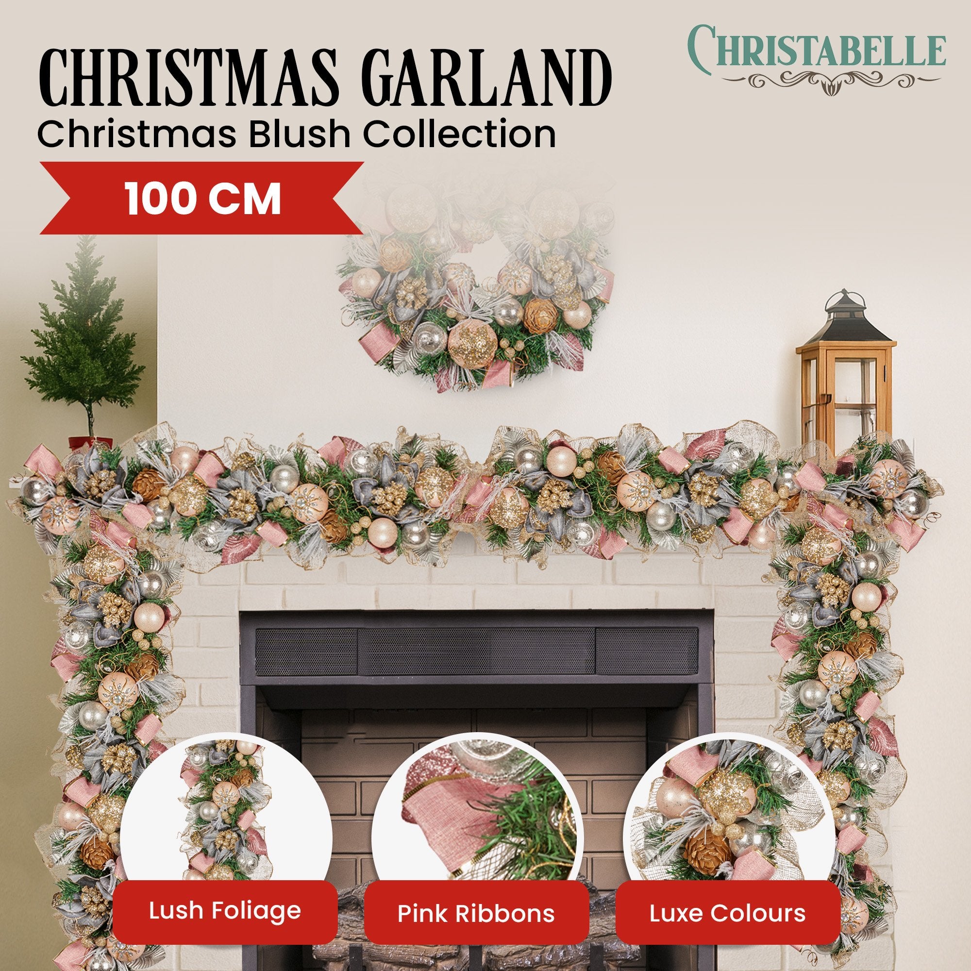 1M Pre-Decorated Christmas Garland with Jewelled Baubles & Flowers