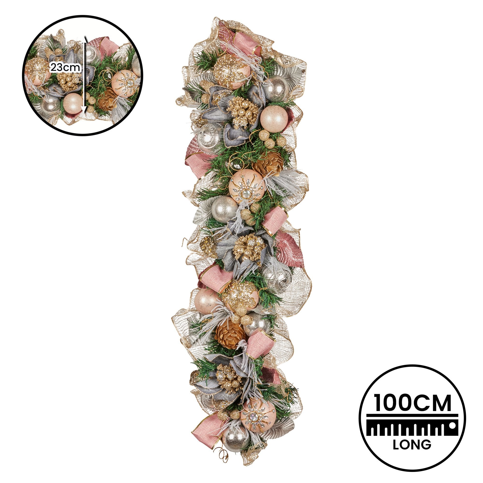 1M Pre-Decorated Christmas Garland with Jewelled Baubles & Flowers