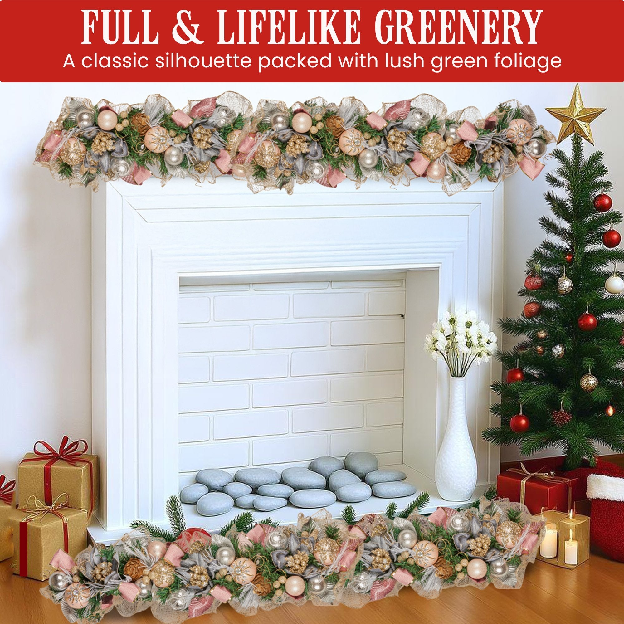 1M Pre-Decorated Christmas Garland with Jewelled Baubles & Flowers