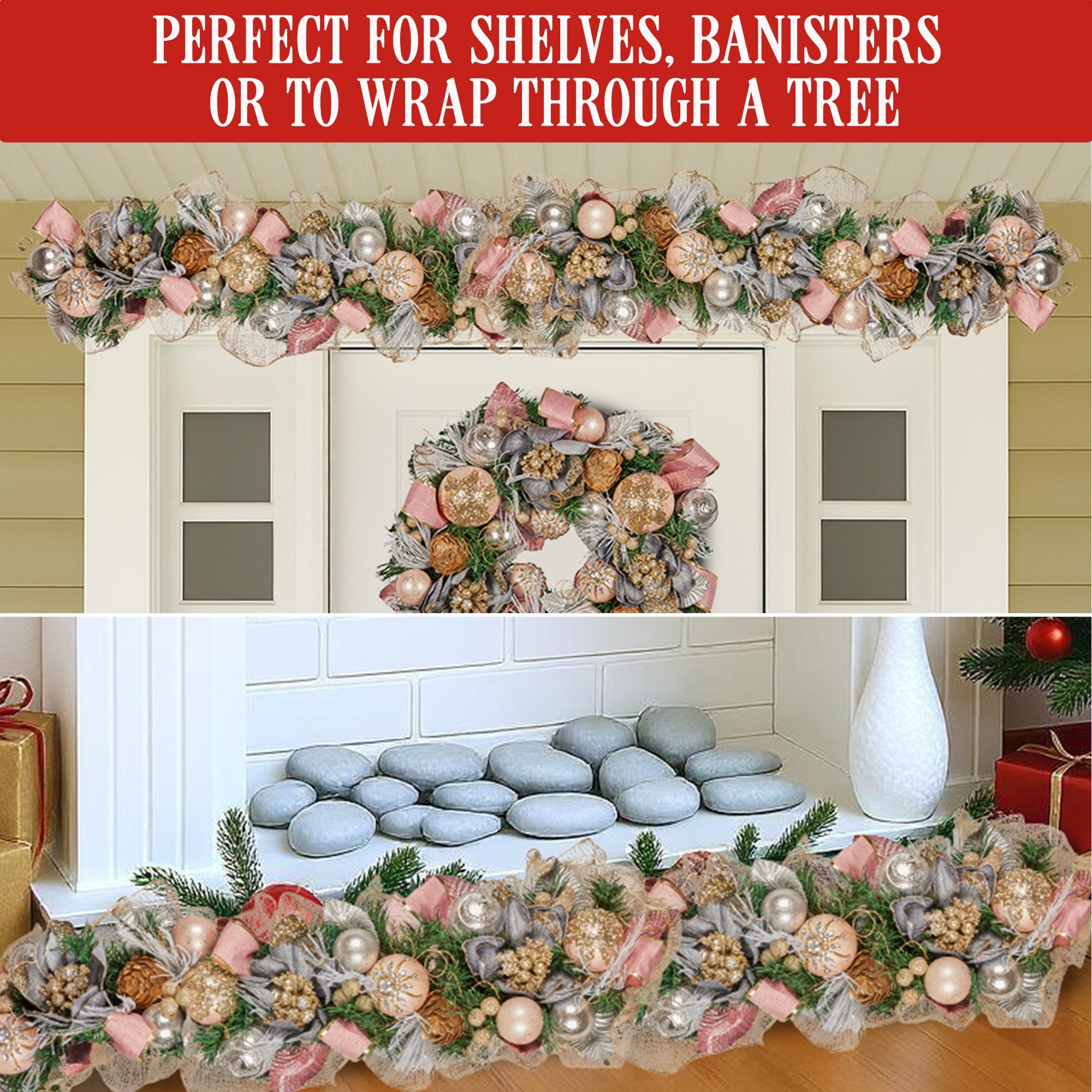 1M Pre-Decorated Christmas Garland with Jewelled Baubles & Flowers