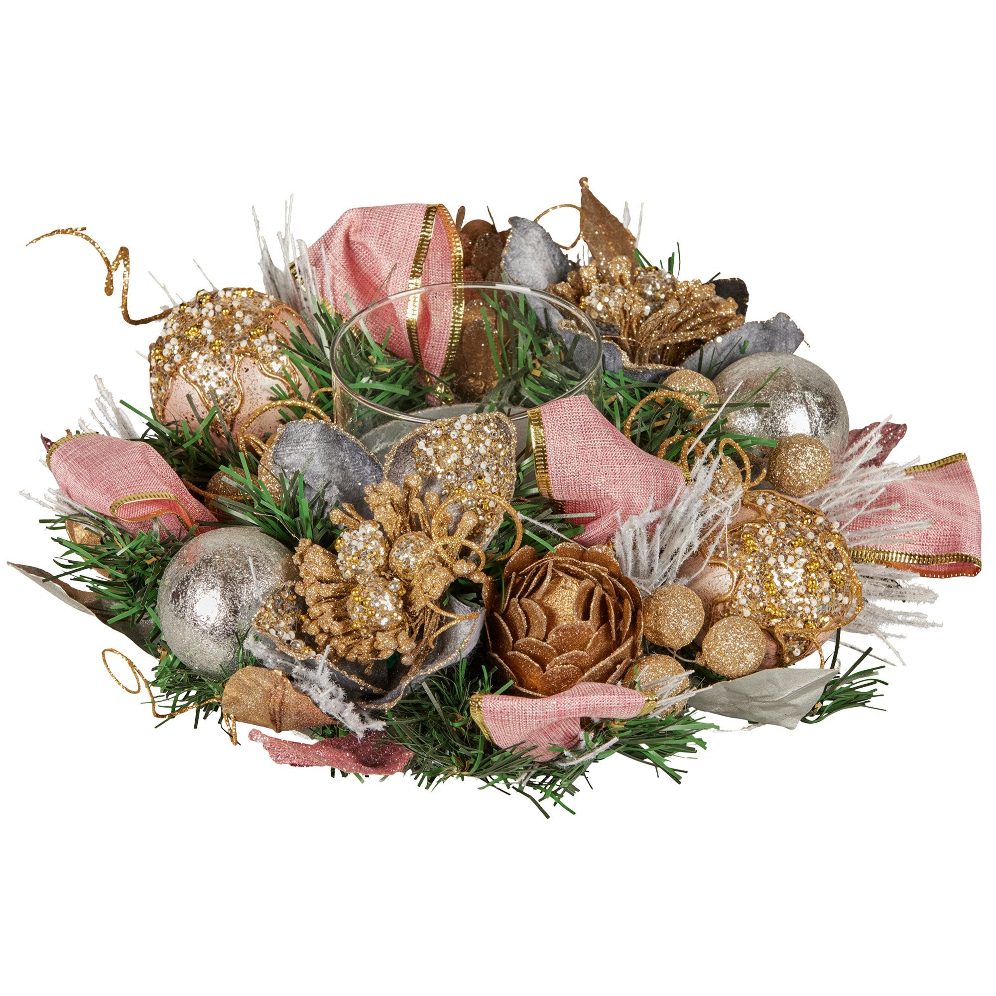 26CM Christmas Centrepiece with Jewelled Baubles & Hurricane Candle Holder