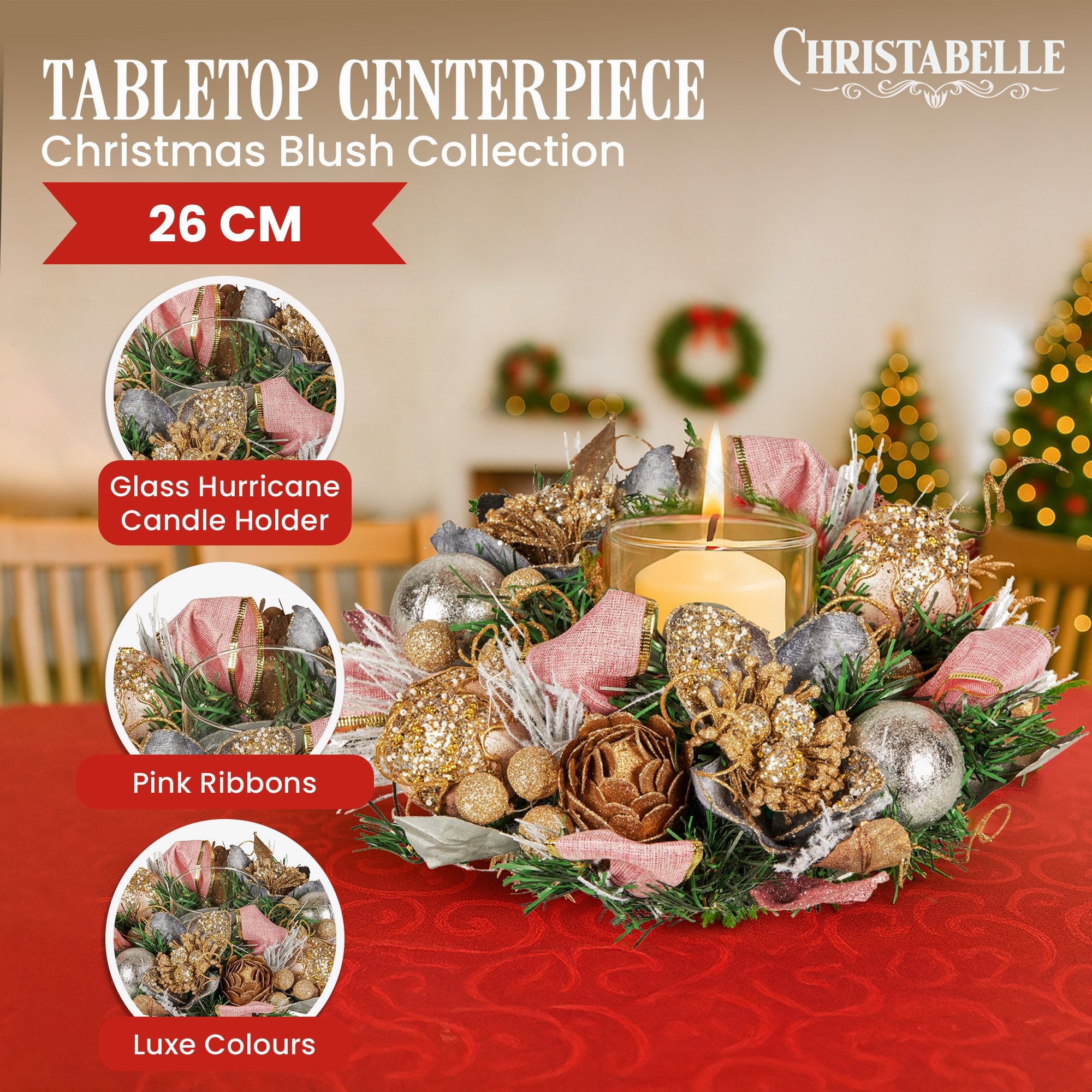 26CM Christmas Centrepiece with Jewelled Baubles & Hurricane Candle Holder