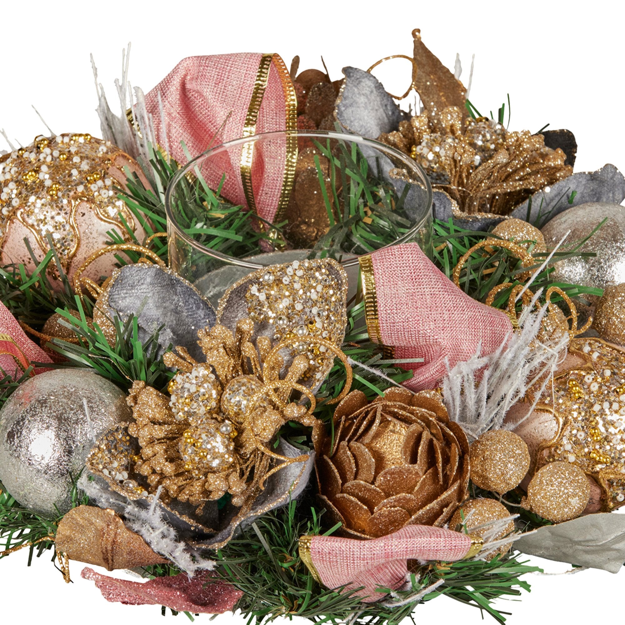 26CM Christmas Centrepiece with Jewelled Baubles & Hurricane Candle Holder