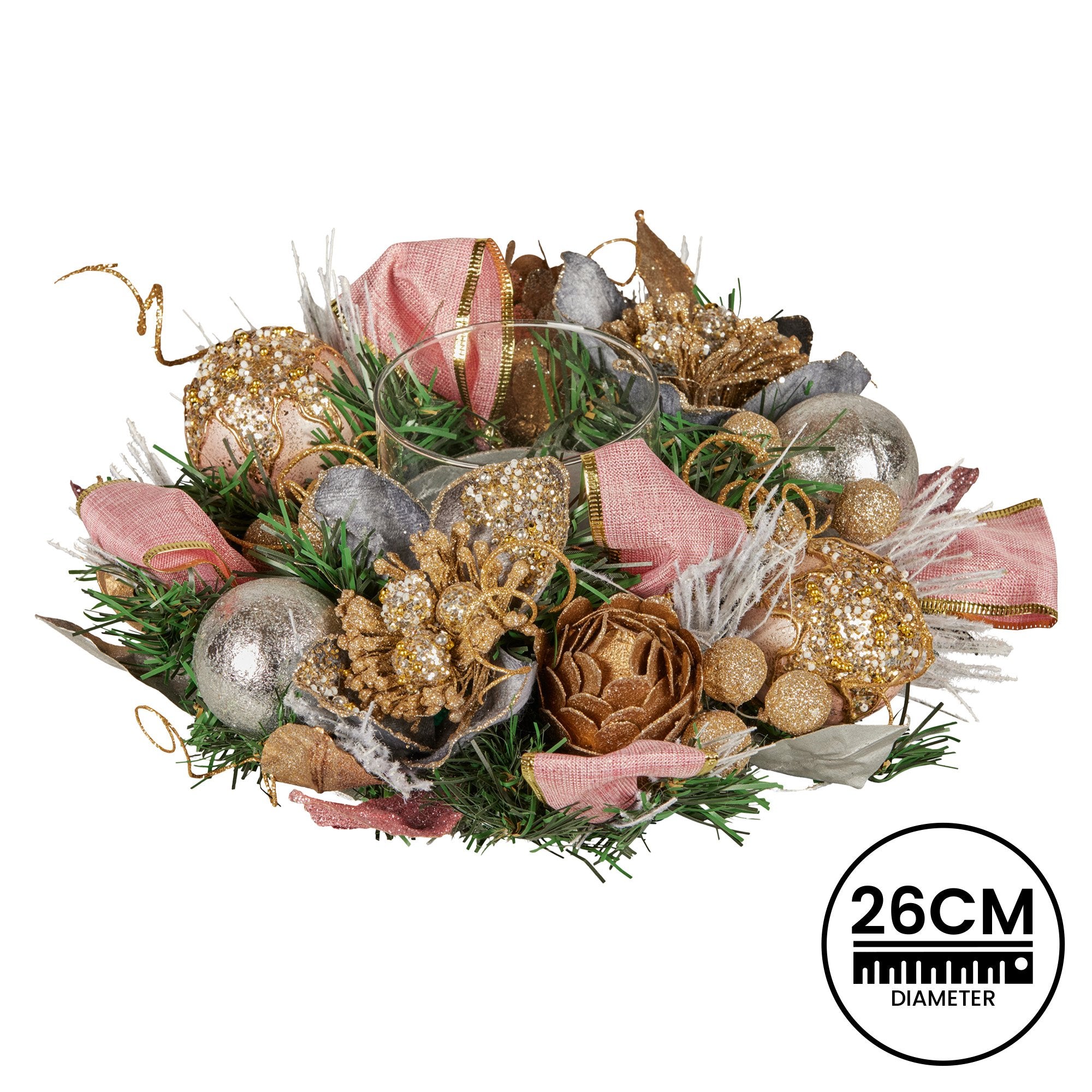 26CM Christmas Centrepiece with Jewelled Baubles & Hurricane Candle Holder