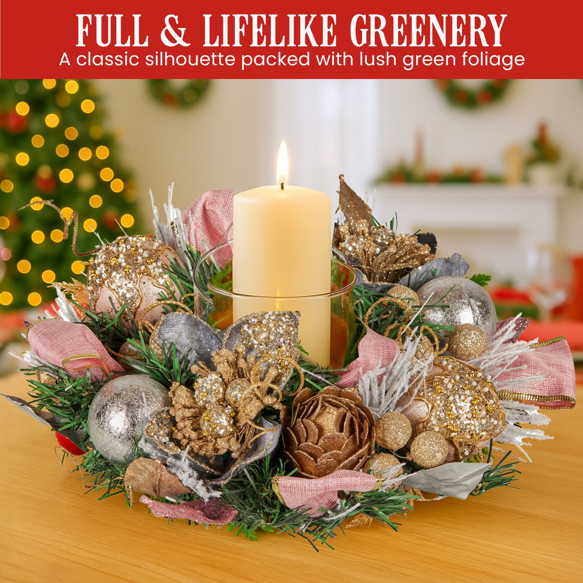 26CM Christmas Centrepiece with Jewelled Baubles & Hurricane Candle Holder