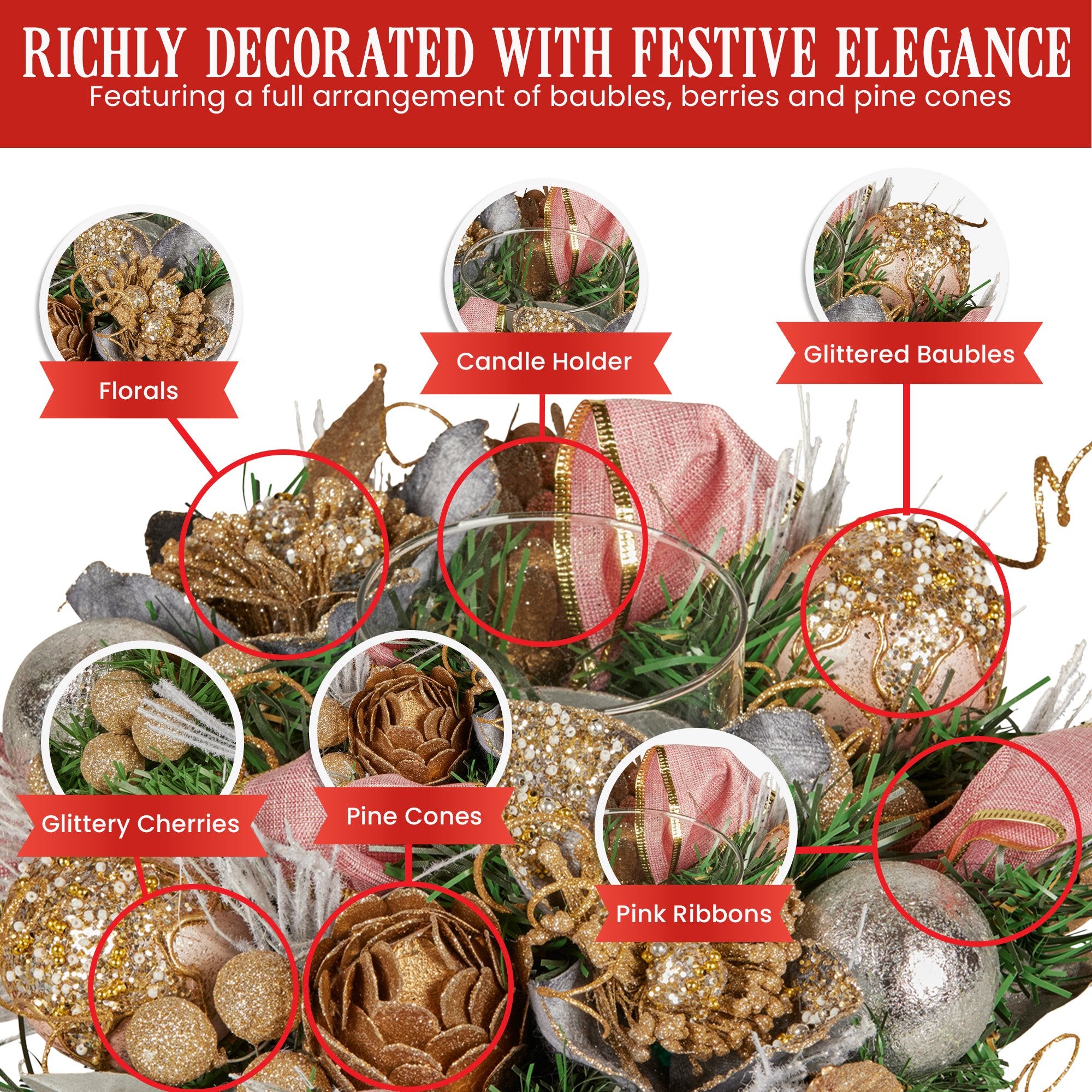 26CM Christmas Centrepiece with Jewelled Baubles & Hurricane Candle Holder