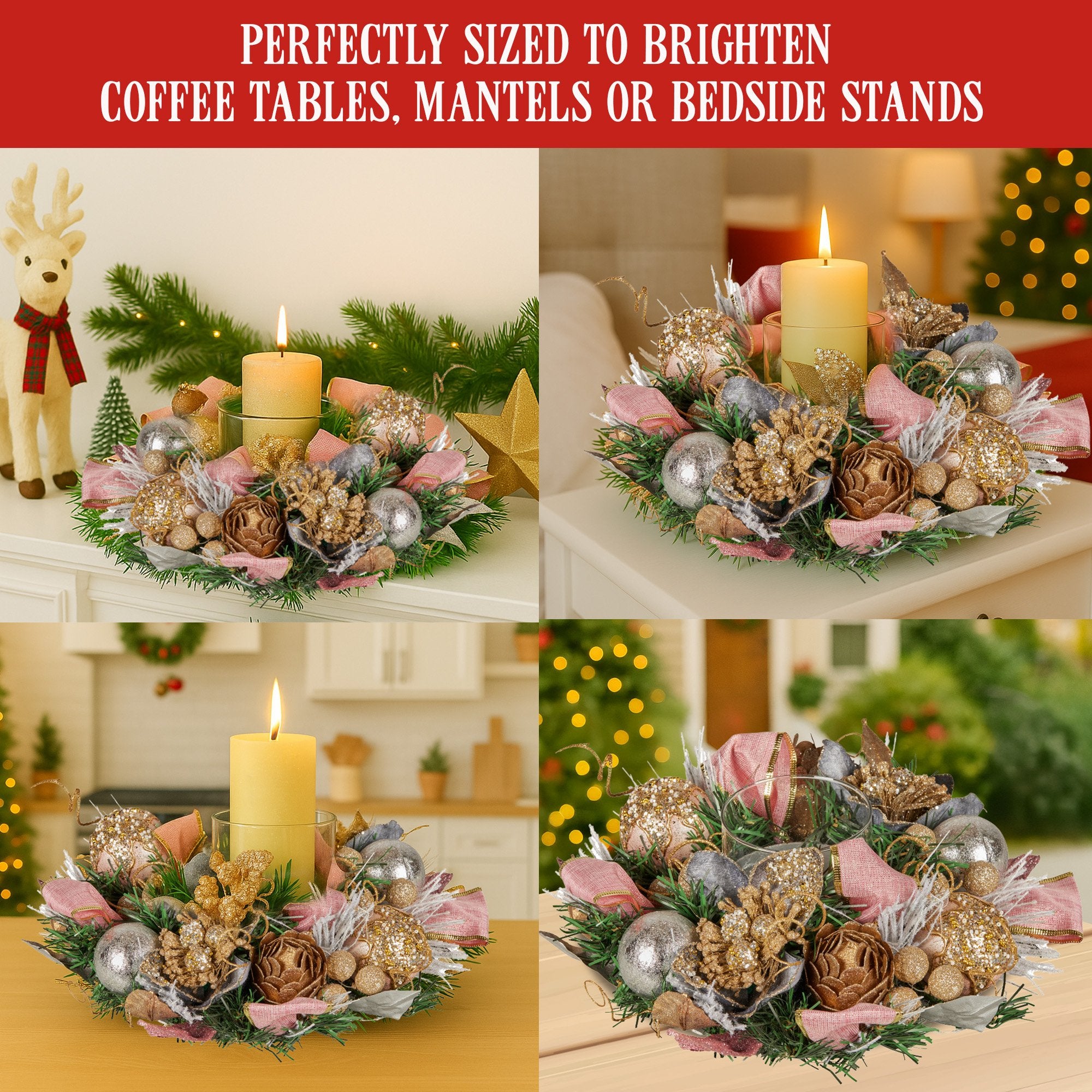 26CM Christmas Centrepiece with Jewelled Baubles & Hurricane Candle Holder