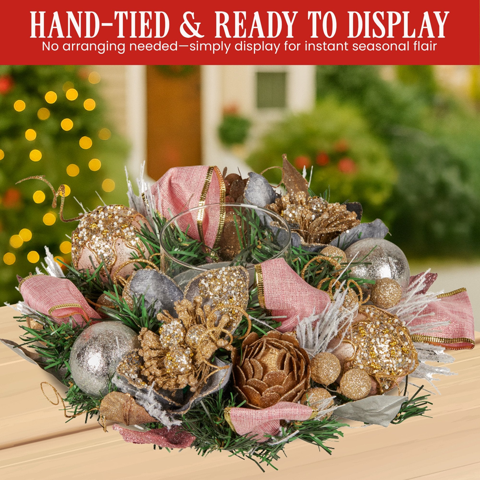 26CM Christmas Centrepiece with Jewelled Baubles & Hurricane Candle Holder