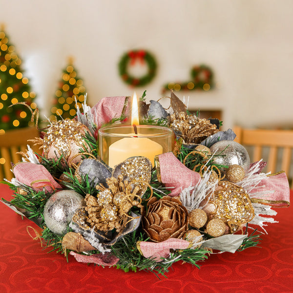 26CM Pre-Decorated Christmas Centrepiece – Baubles Flowers Ribbon Candle Holder