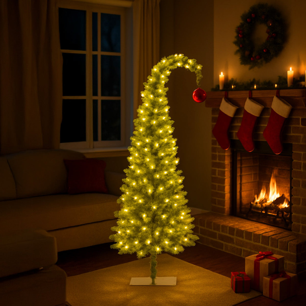 4FT Gremlin Curved Pre-Lit Christmas Tree with 200 Warm White & Green LEDs