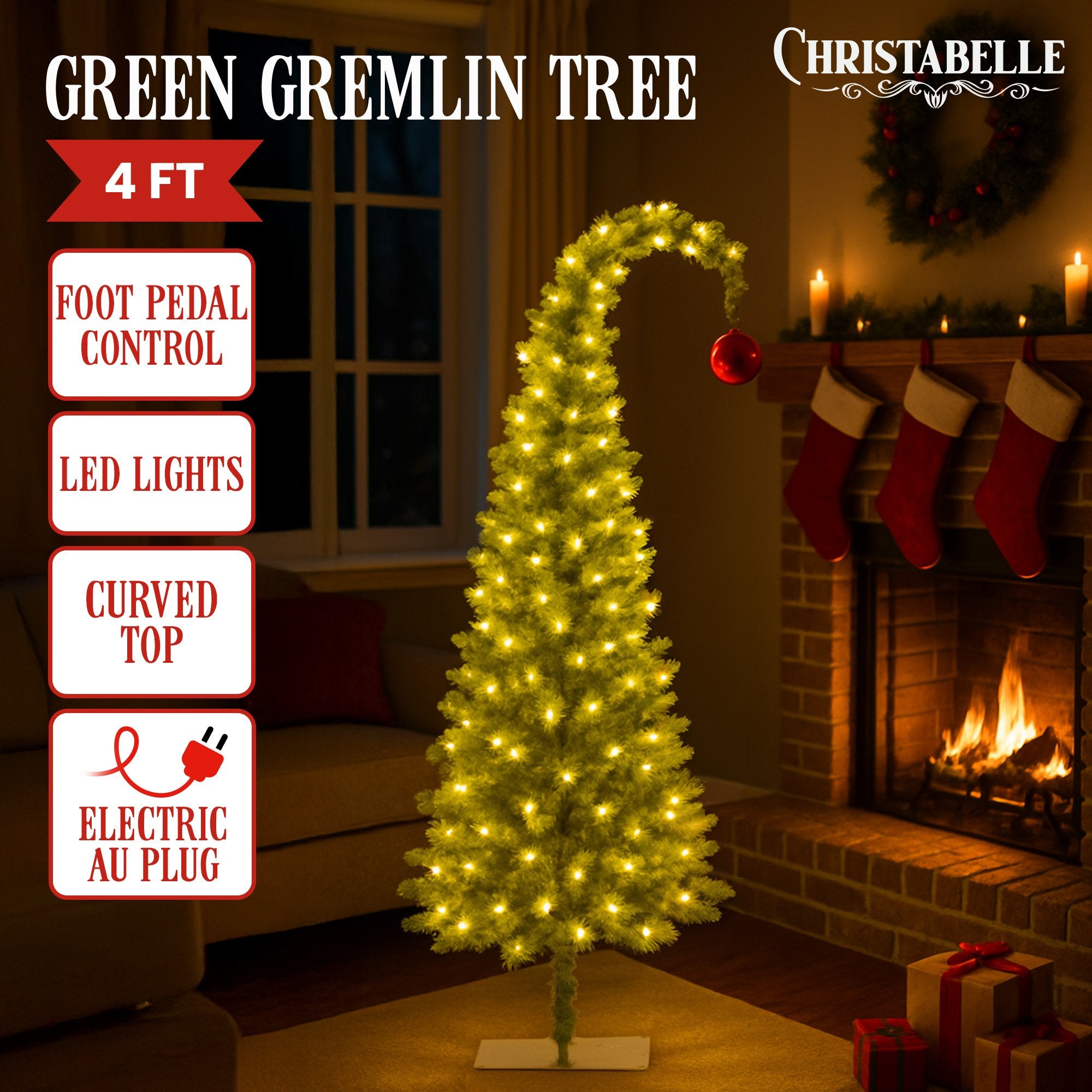 4FT Gremlin Curved Christmas Tree with 200 Warm White & Green LEDs