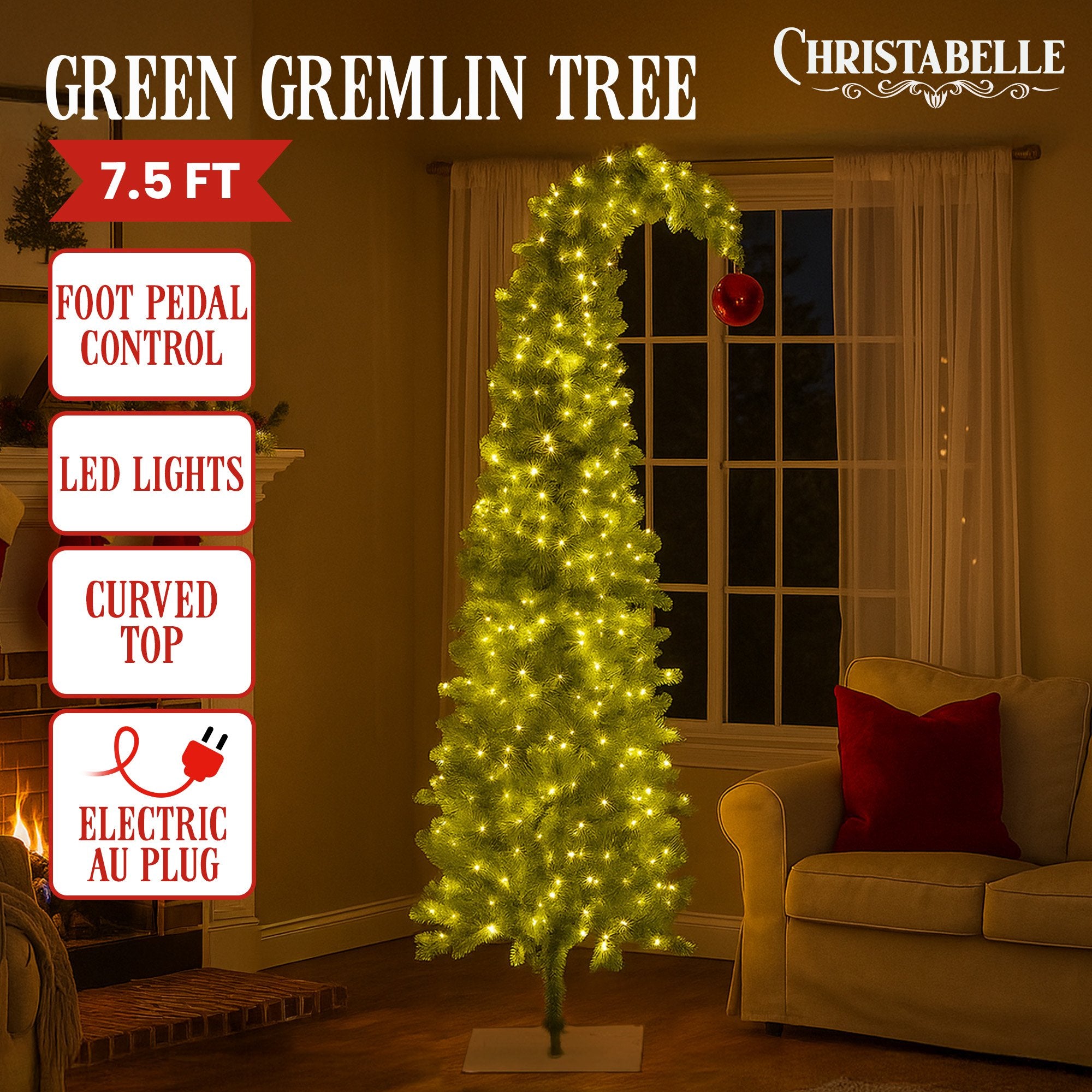 7.5FT Gremlin Curved Pre-Lit Christmas Tree with 500 Warm White & Green LEDs