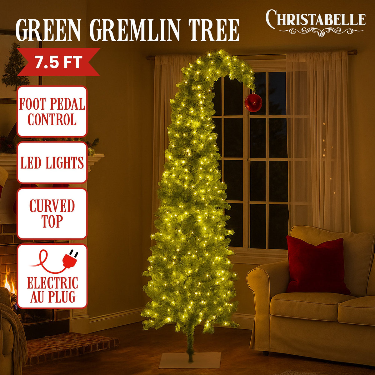 7.5FT Gremlin Curved Pre-Lit Christmas Tree with 500 Warm White & Green LEDs