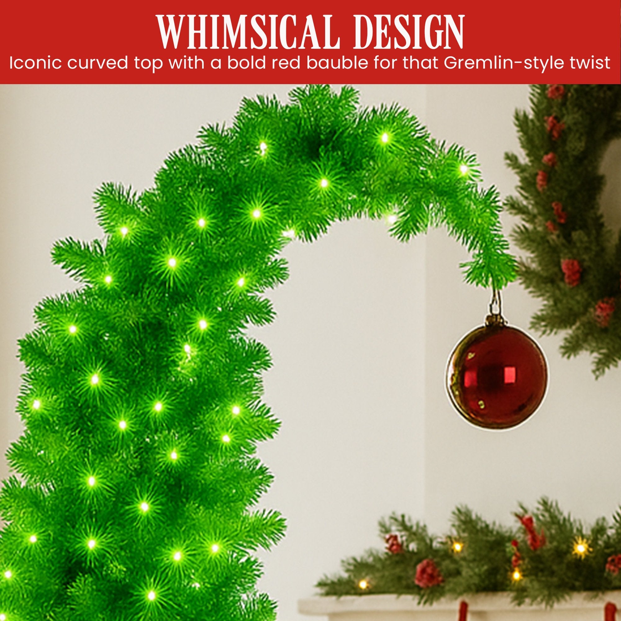 7.5FT Gremlin Curved Pre-Lit Christmas Tree with 500 Warm White & Green LEDs