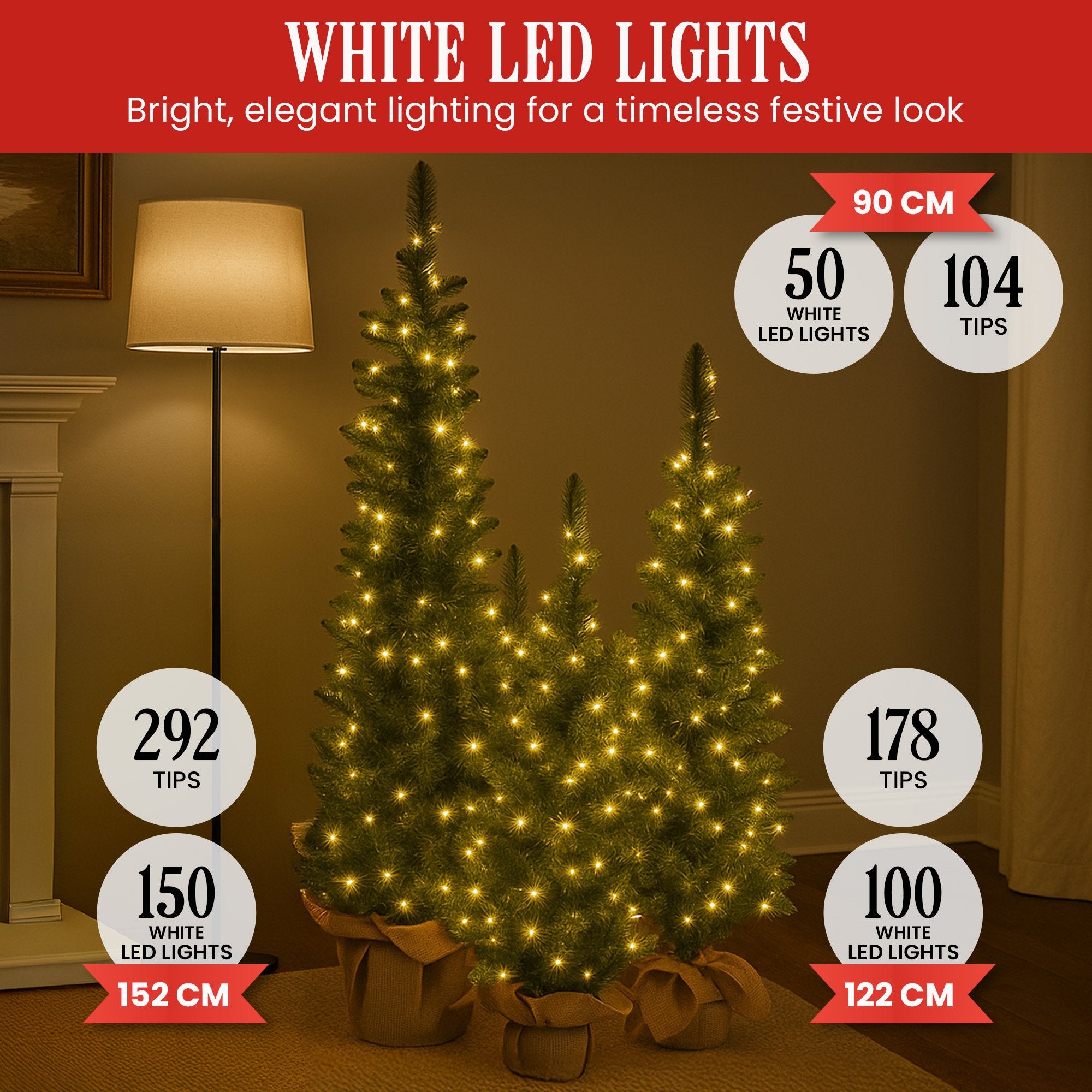 Set of 3 Pre-Lit Christmas Trees 5FT, 4FT & 3FT with Warm White LEDs