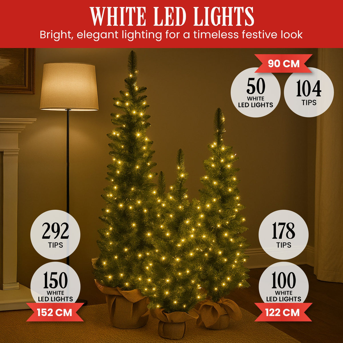 Set of 3 Pre-Lit Christmas Trees 5FT, 4FT & 3FT with Warm White LEDs