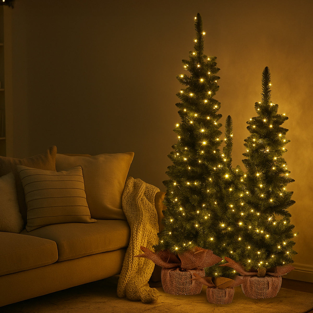 Set of 3 Pre-Lit Christmas Trees 5FT, 4FT & 3FT with Warm White LEDs