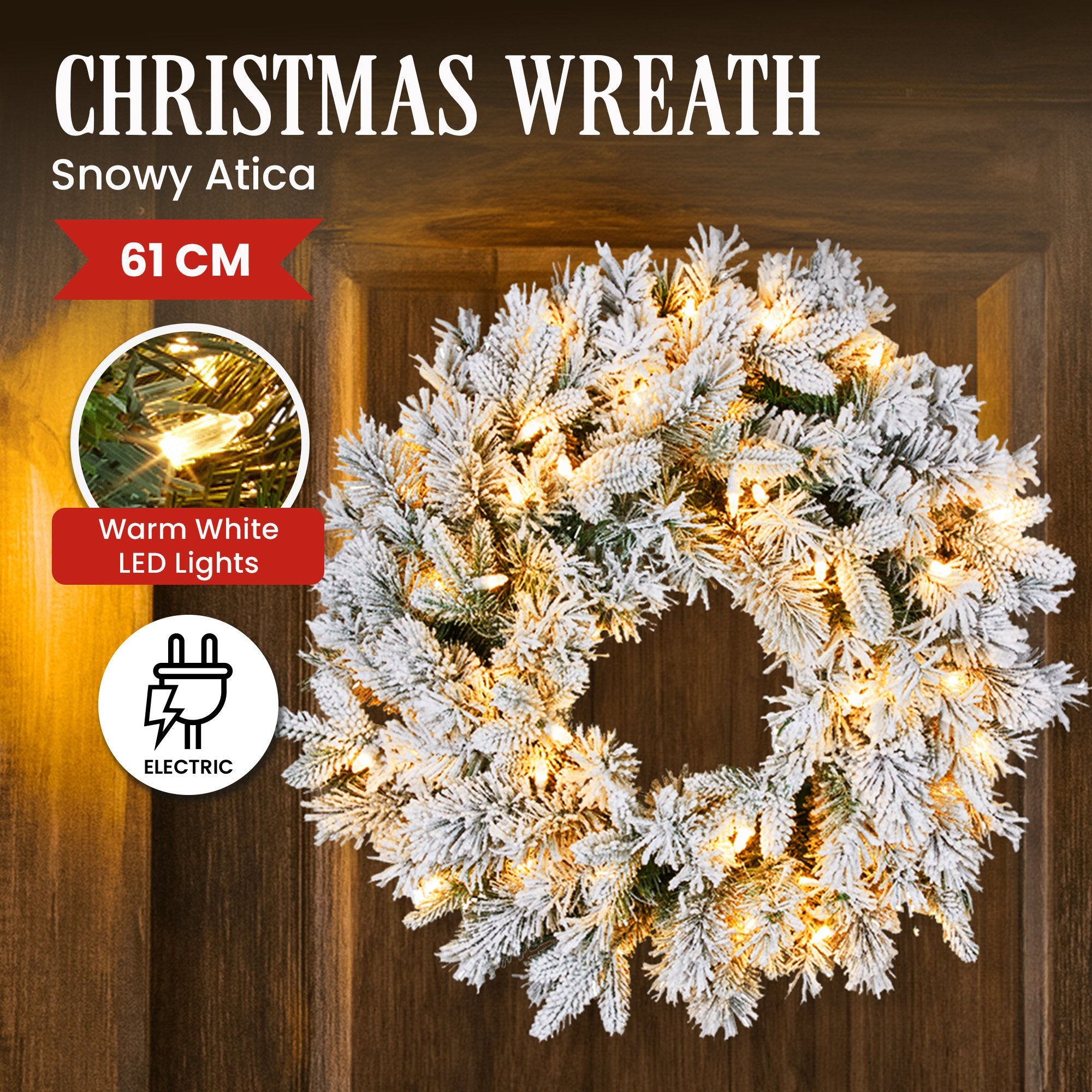 61CM Snowy Atica Pre-Lit Christmas Wreath with 50 Warm White LEDs