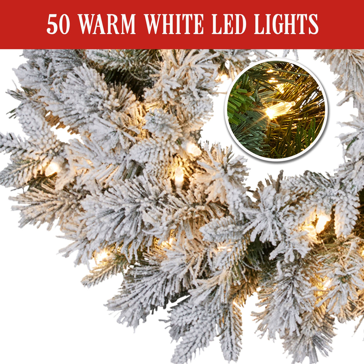 61CM Snowy Atica Pre-Lit Christmas Wreath with 50 Warm White LEDs