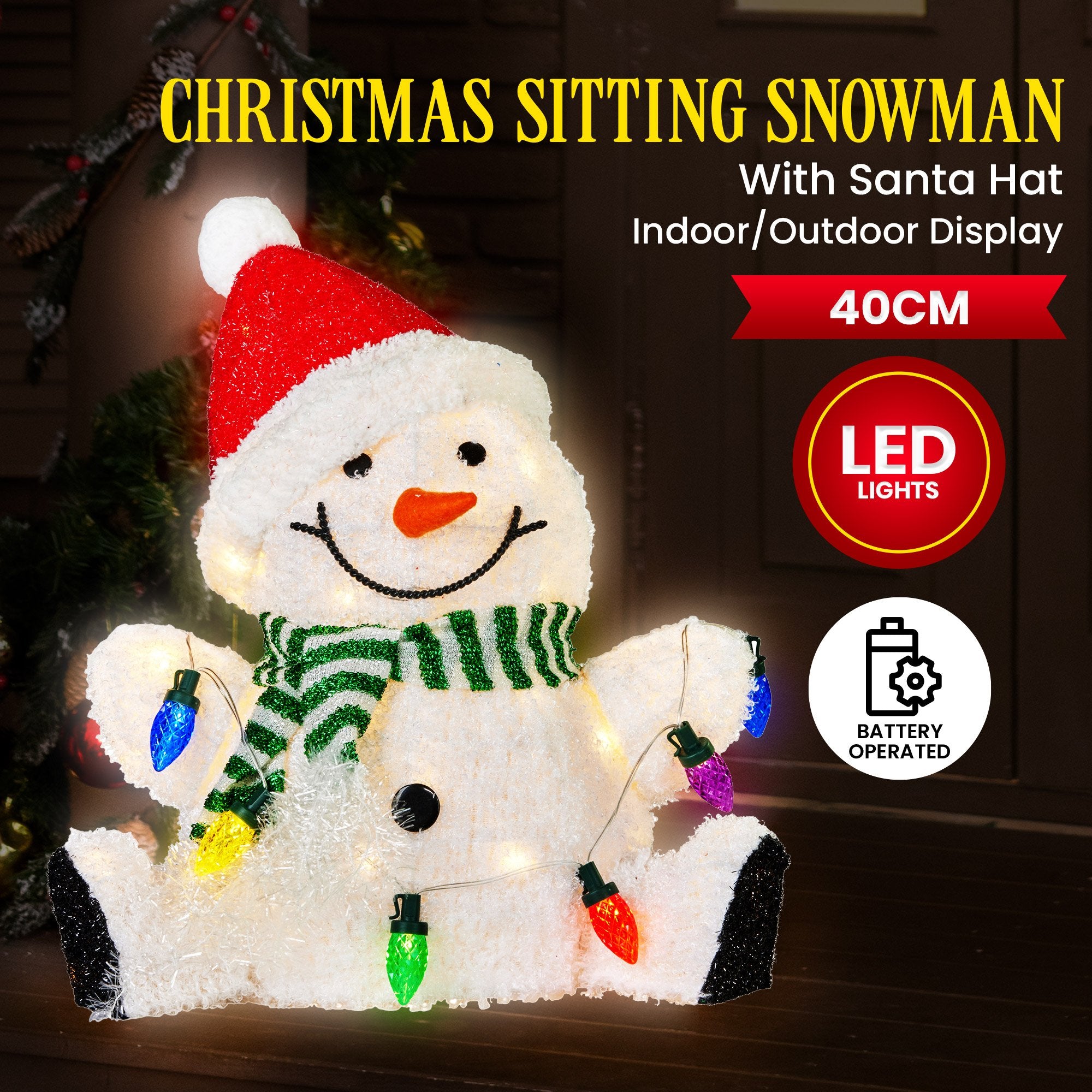 40CM Sitting Snowman Display with 35 LED Lights