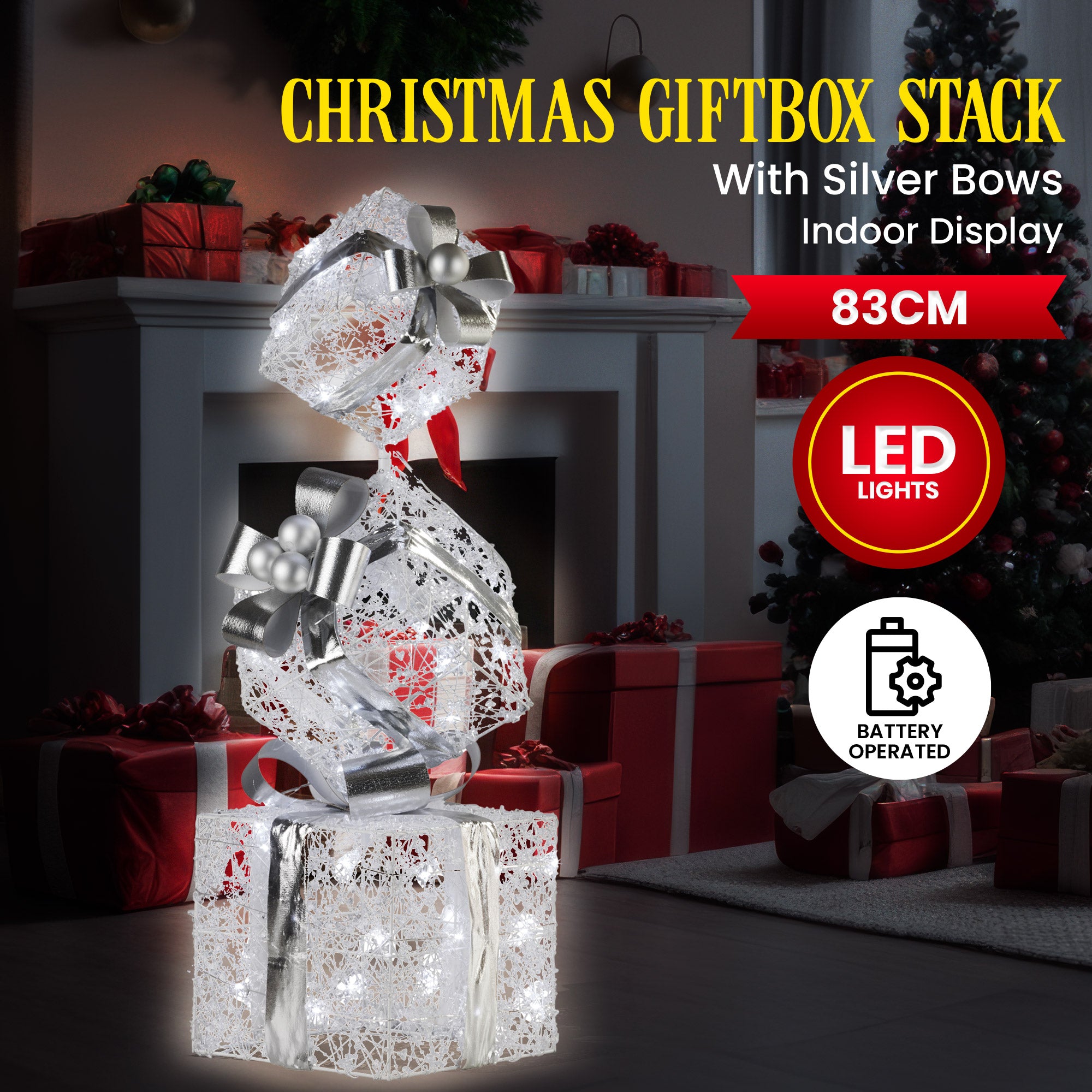 83CM Silver Gift Box Stack Decoration with 60 LEDs