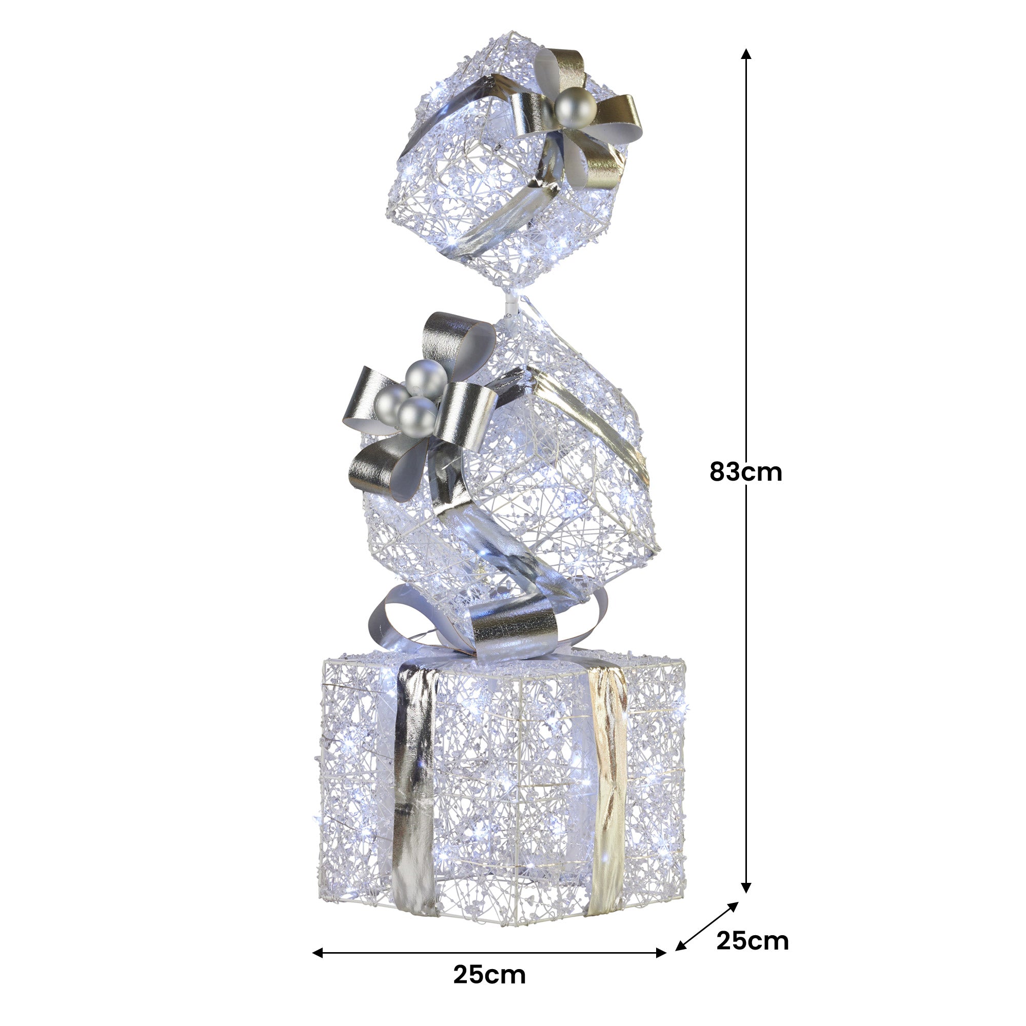 83CM Silver Gift Box Stack Decoration with 60 LEDs