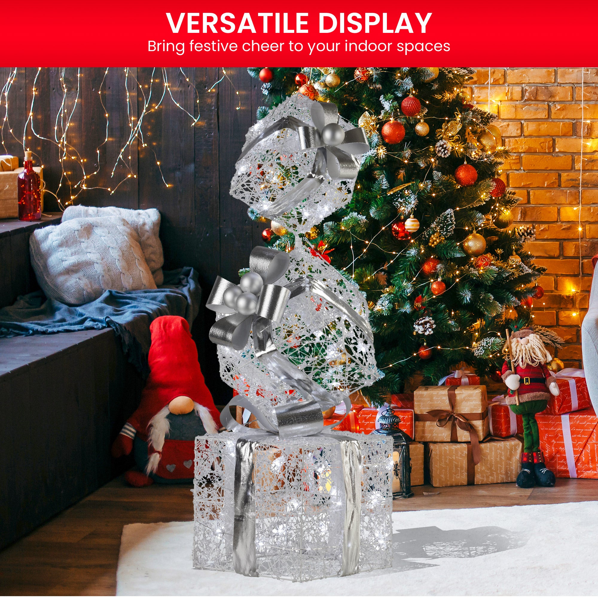 83CM Silver Gift Box Stack Decoration with 60 LEDs