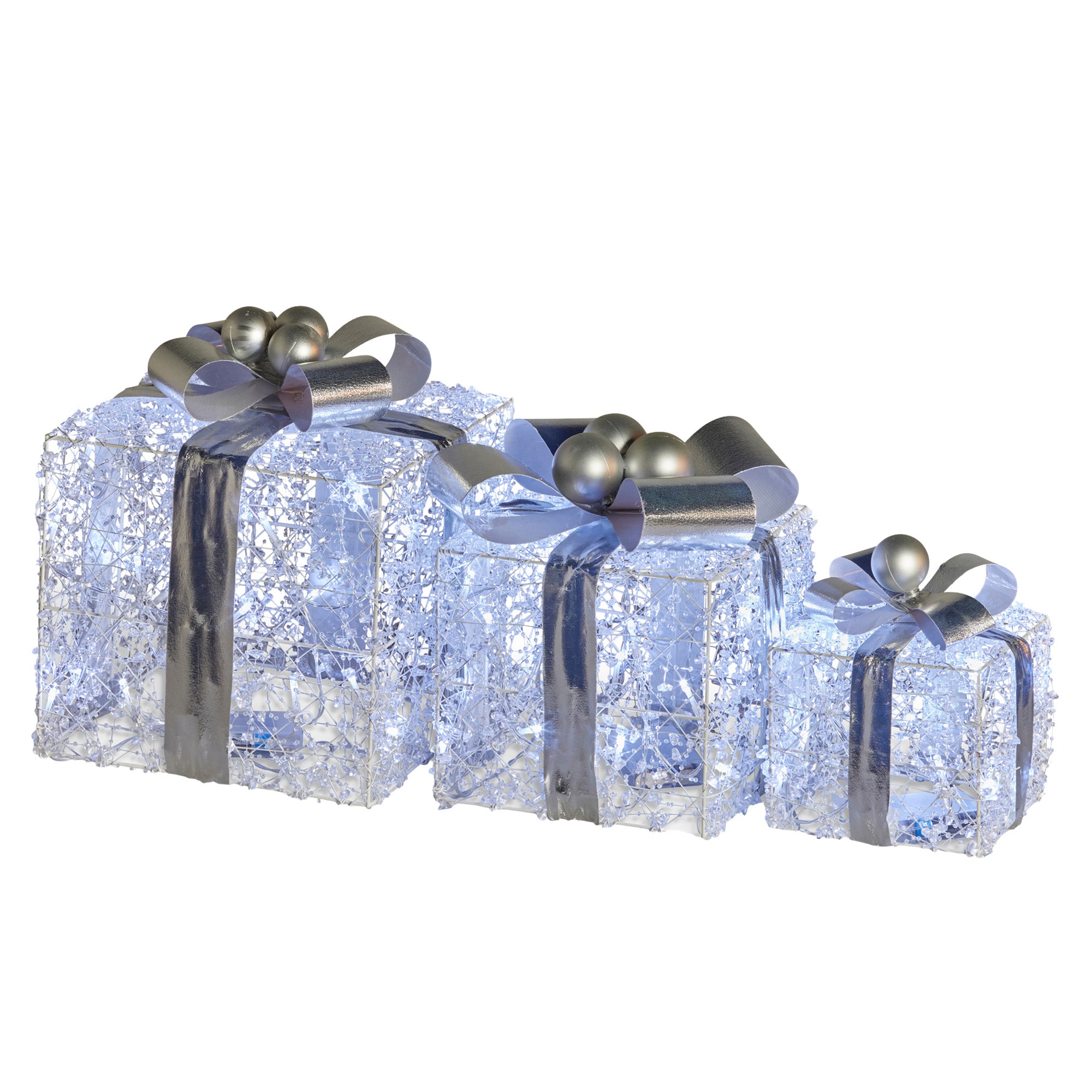 Set of 3 LED Christmas Gift Box Decorations with Silver Bows