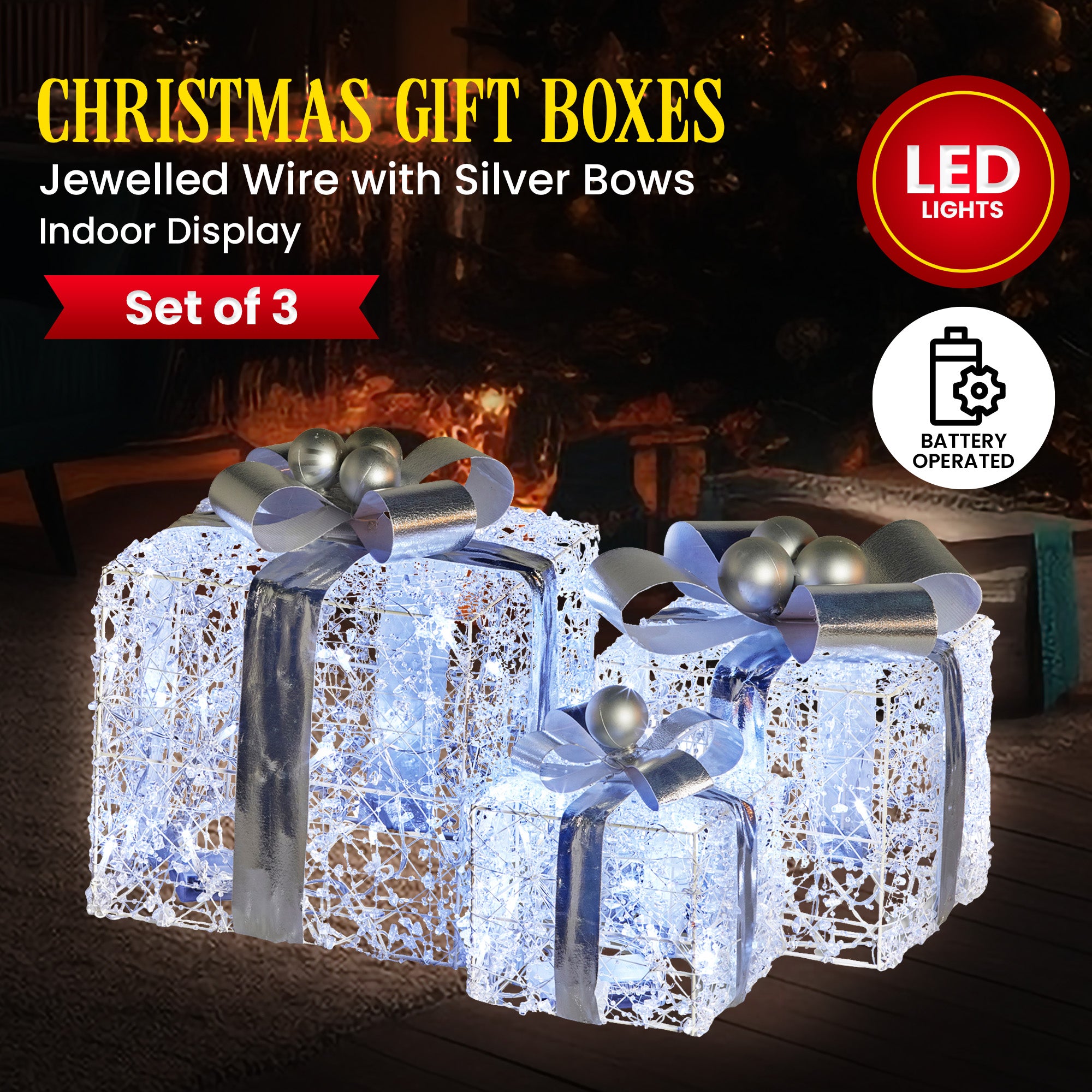 Set of 3 LED Christmas Gift Box Decorations with Silver Bows