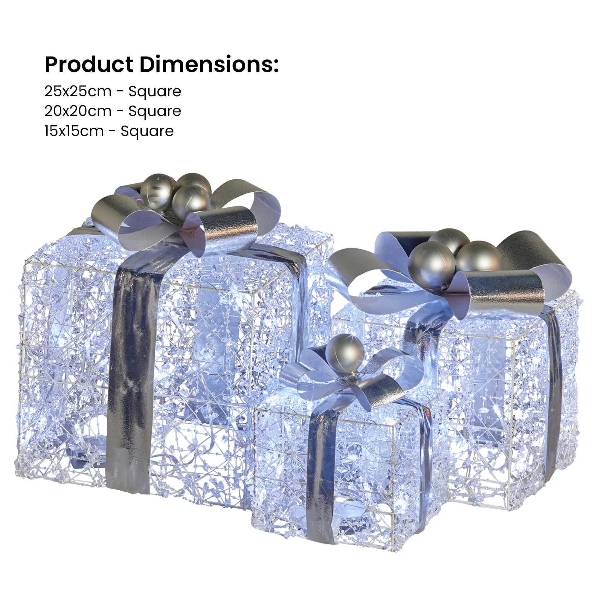 Set of 3 LED Christmas Gift Box Decorations with Silver Bows