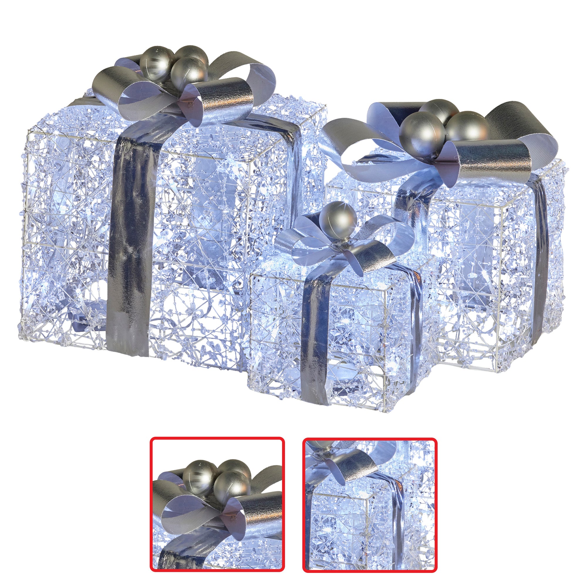 Set of 3 LED Christmas Gift Box Decorations with Silver Bows