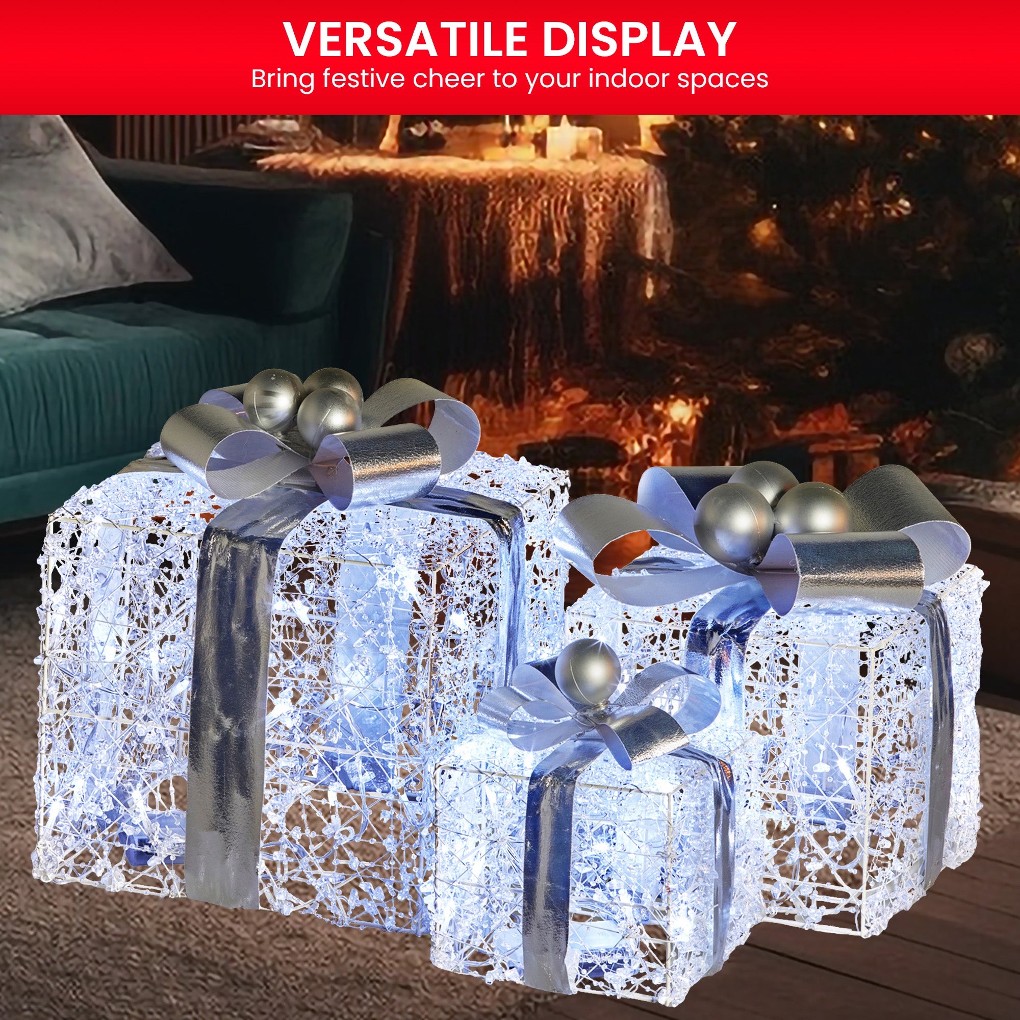 Set of 3 LED Christmas Gift Box Decorations with Silver Bows