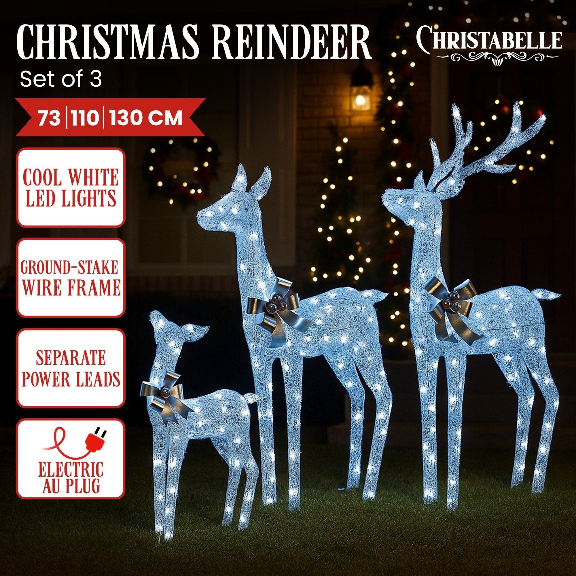 Set of 3 Pre-Lit Christmas Reindeer Displays with 260 Cool White LEDs