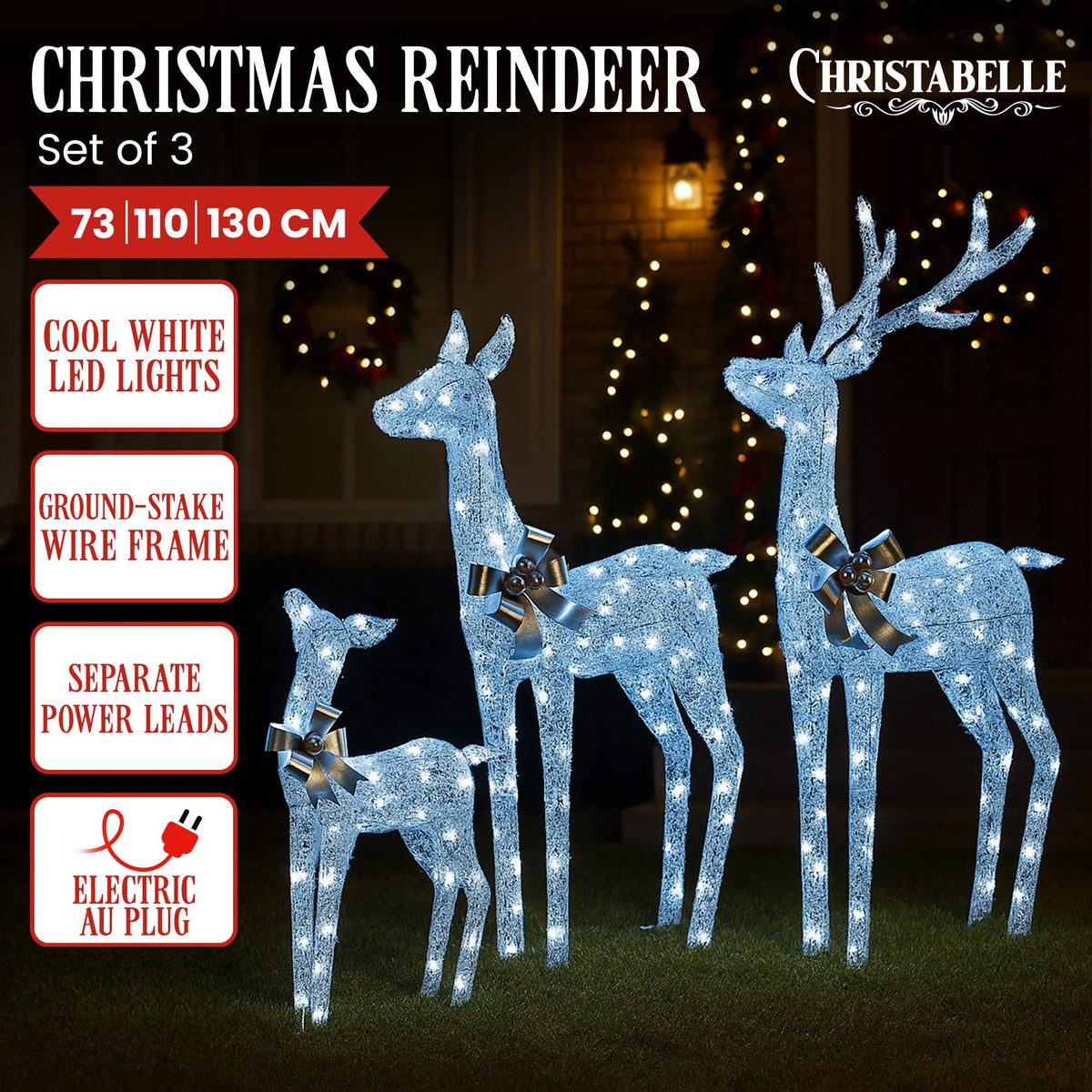 Set of 3 Pre-Lit Christmas Reindeer Displays with 260 Cool White LEDs