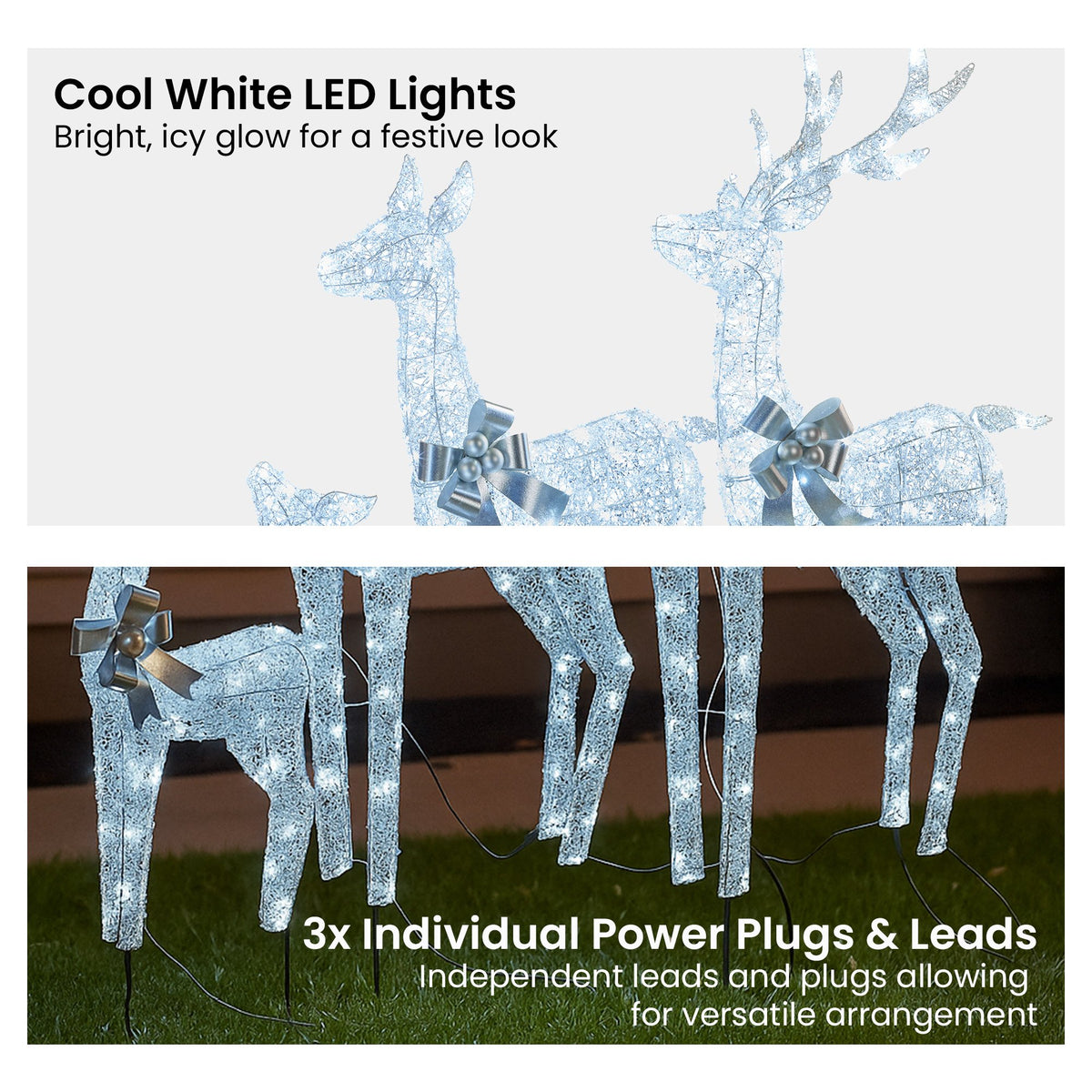 Set of 3 Pre-Lit Christmas Reindeer Displays with 260 Cool White LEDs