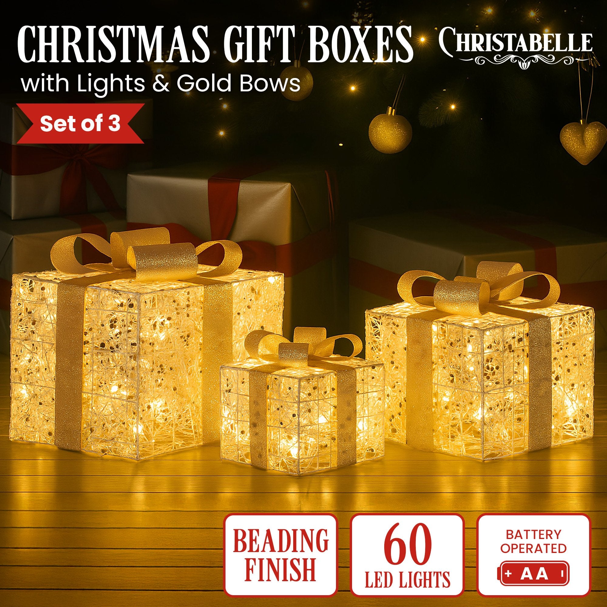 3PCS Gift Box Motif Light Set – 60 Warm White LED Lights