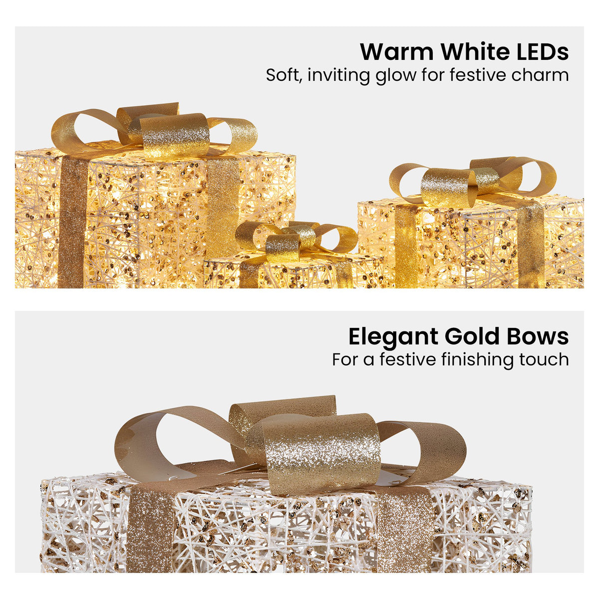 Set of 3 LED Christmas Gift Box Decorations with Gold Bows