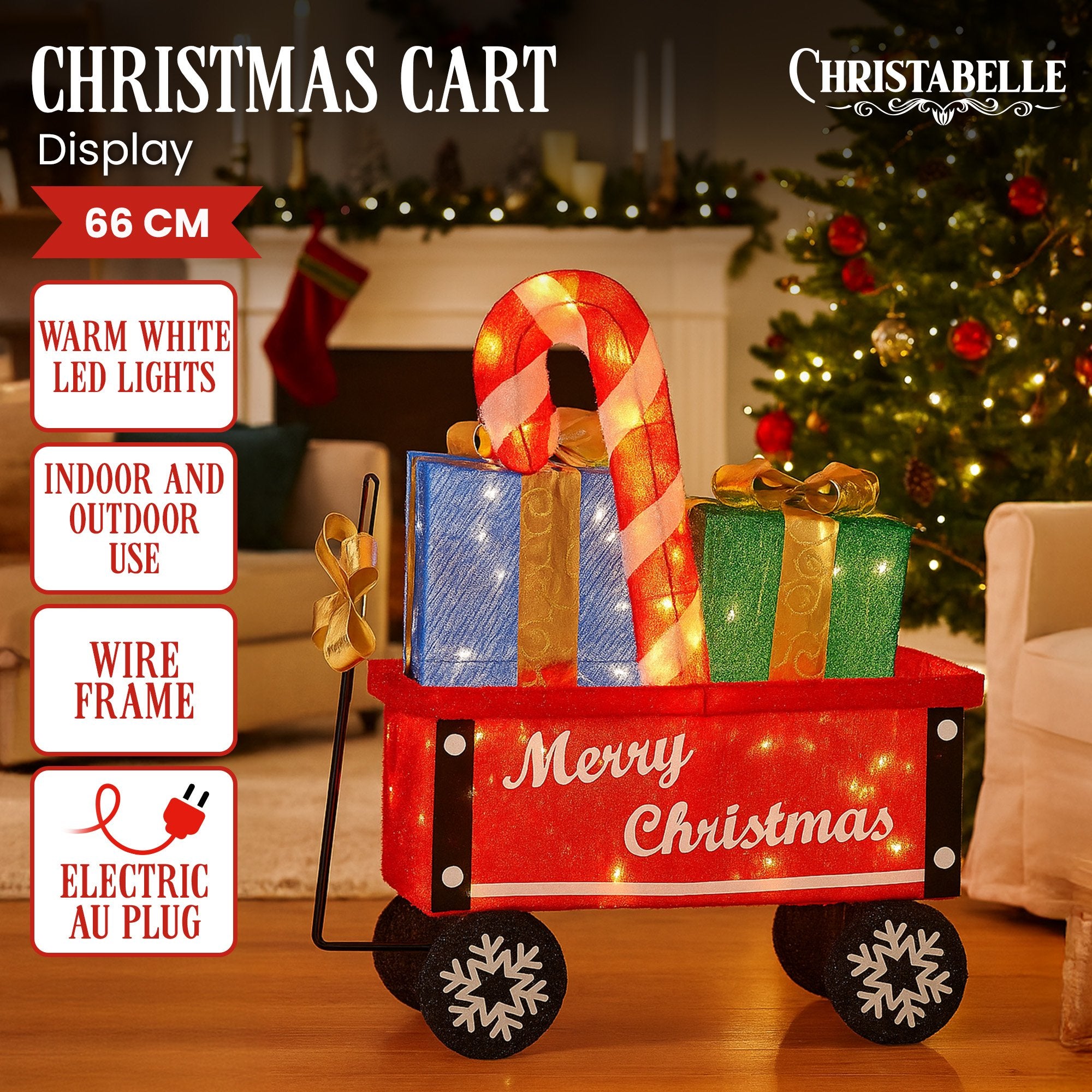 66CM Pre-Lit Christmas Cart Display with Candy Cane & Presents