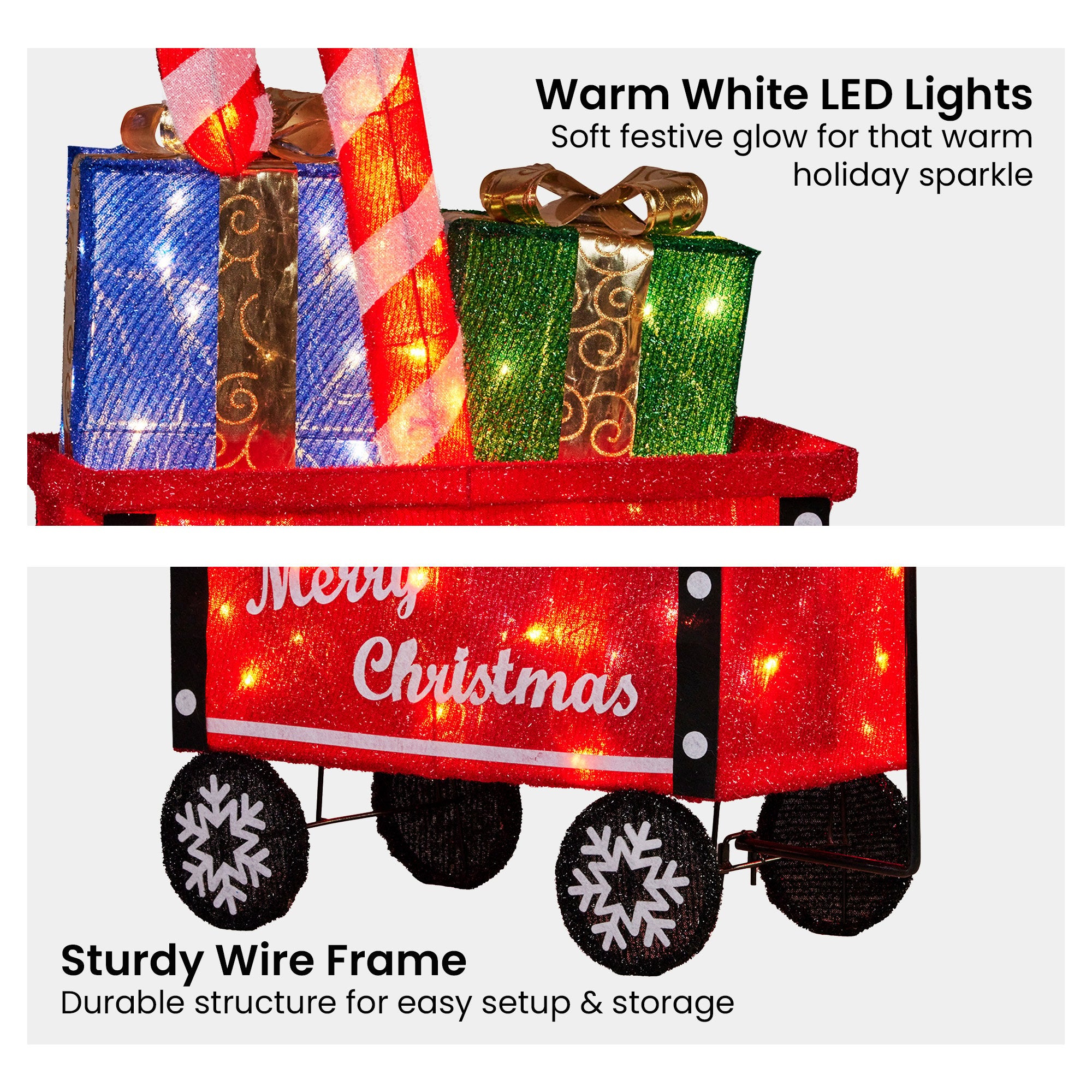 66CM Cart Motif Light with Candy Cane & Presents – Warm White LEDs 60 Lights