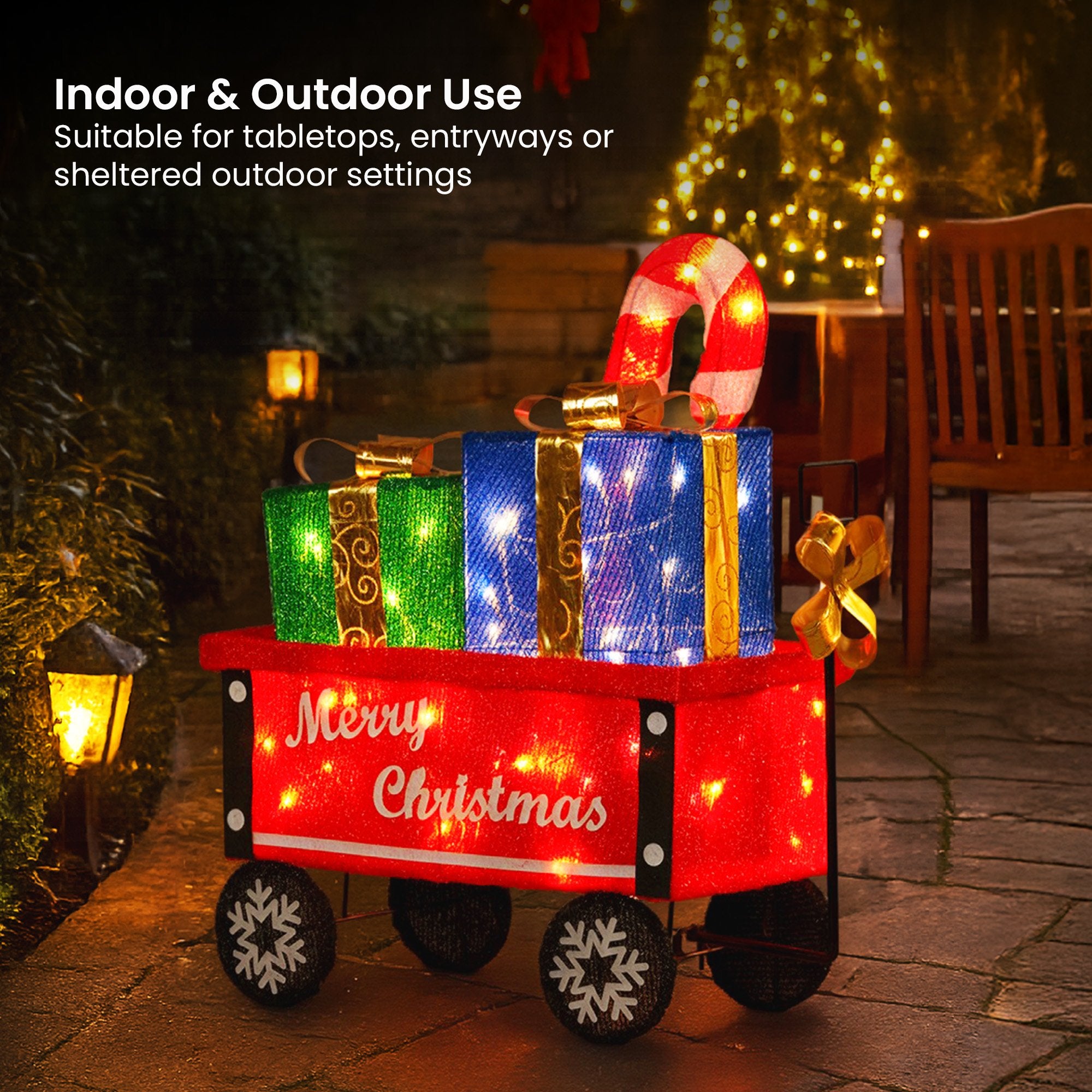 66CM Cart Motif Light with Candy Cane & Presents – Warm White LEDs 60 Lights