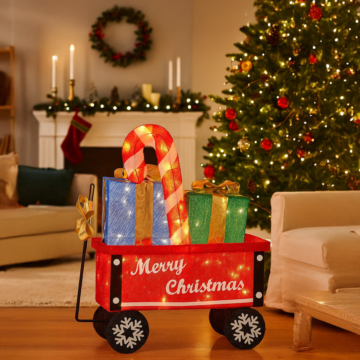 66CM Cart Motif Light with Candy Cane & Presents – Warm White LEDs 60 Lights