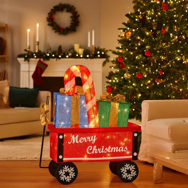 66CM Cart Motif Light with Candy Cane & Presents – Warm White LEDs 60 Lights