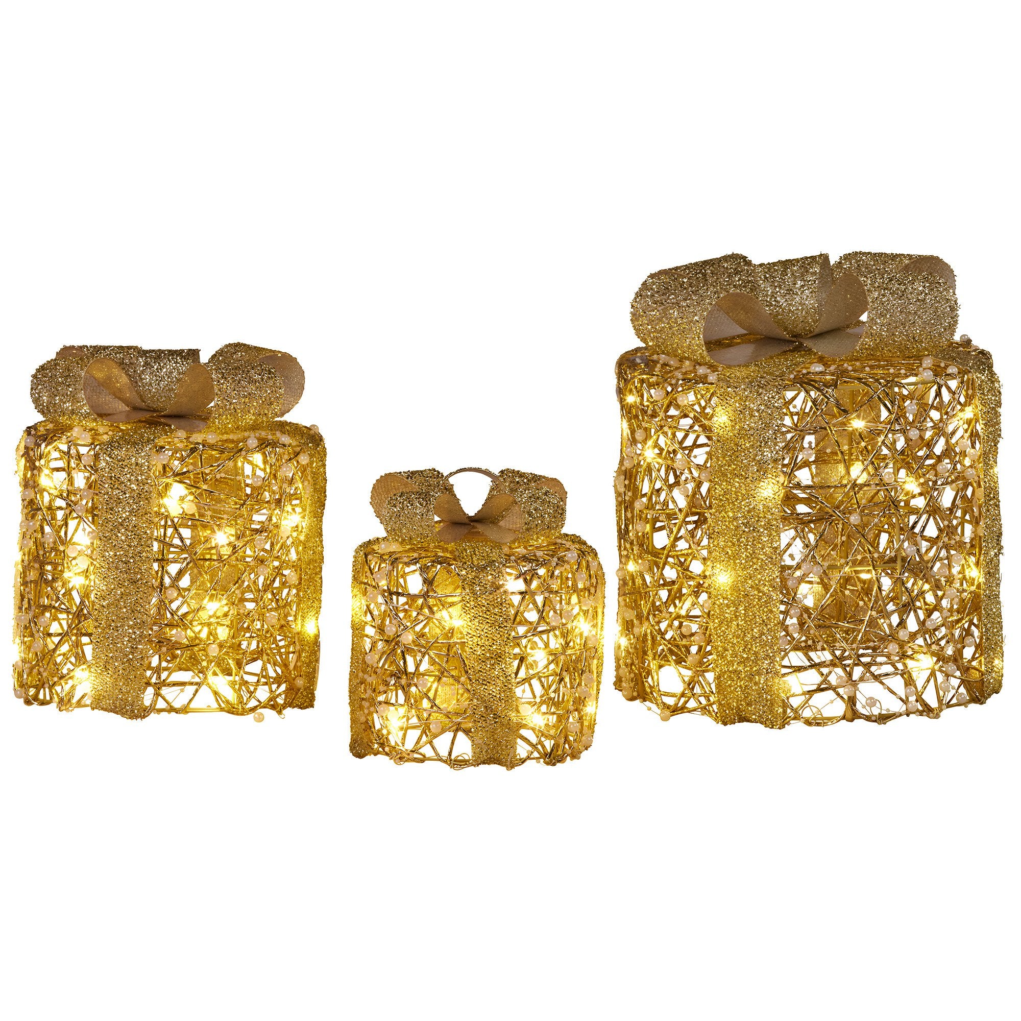 Set of 3 LED Christmas Gift Box Decorations with Gold Bows