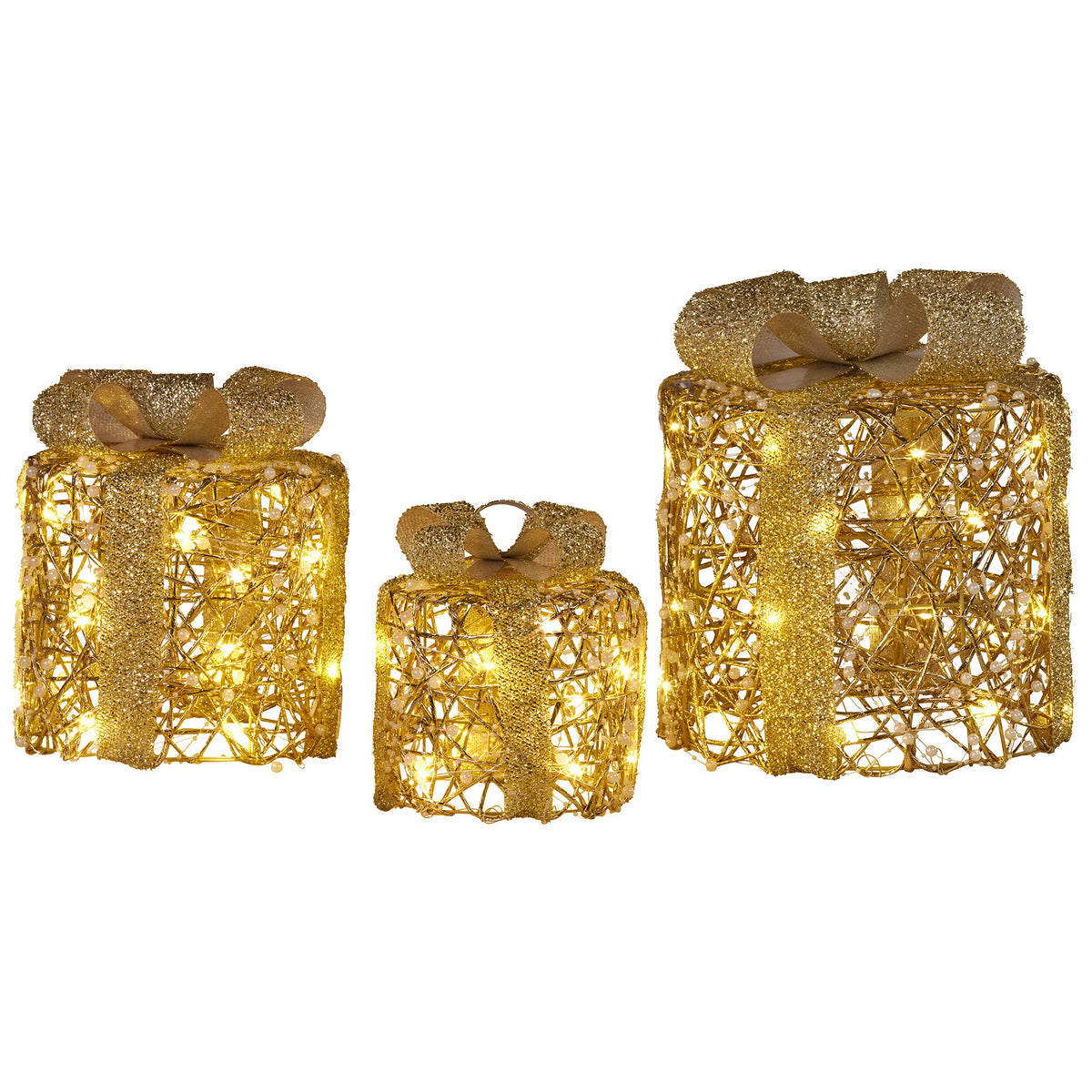 Set of 3 LED Christmas Gift Box Decorations with Gold Bows