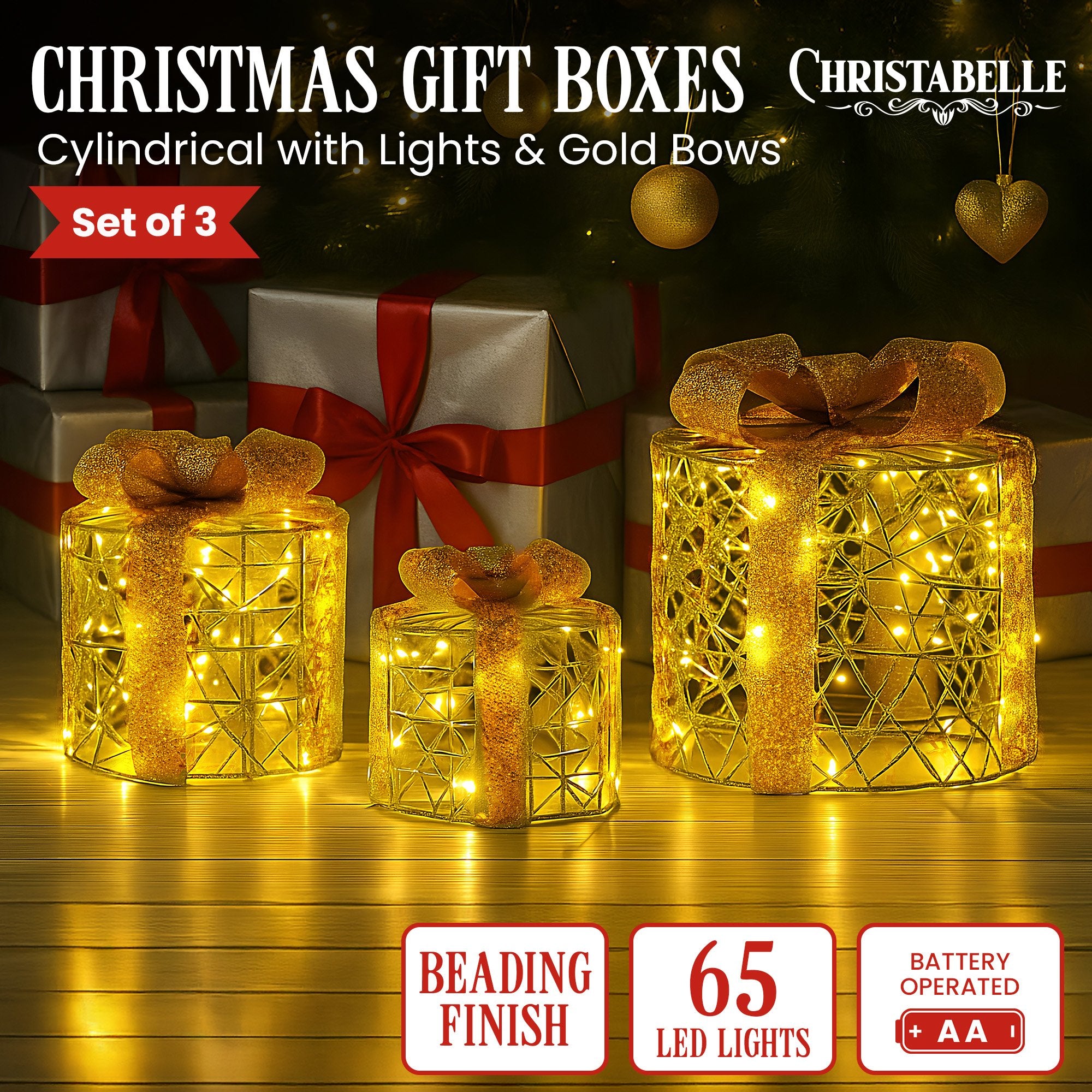 Set of 3 LED Christmas Gift Box Decorations with Gold Bows