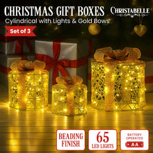 Set of 3 LED Christmas Gift Box Decorations with Gold Bows