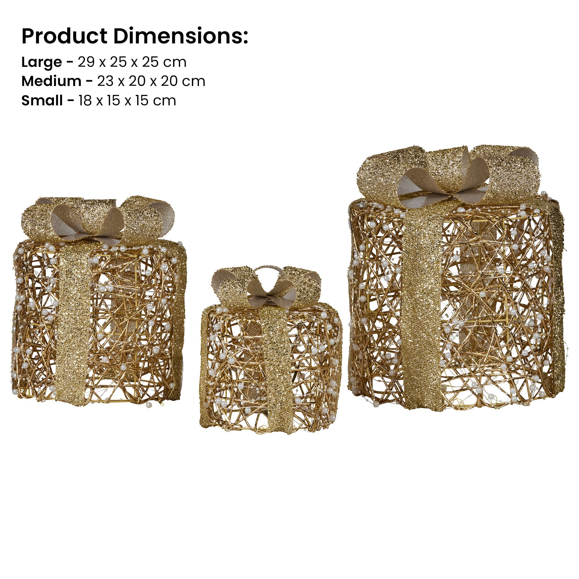 Set of 3 LED Christmas Gift Box Decorations with Gold Bows