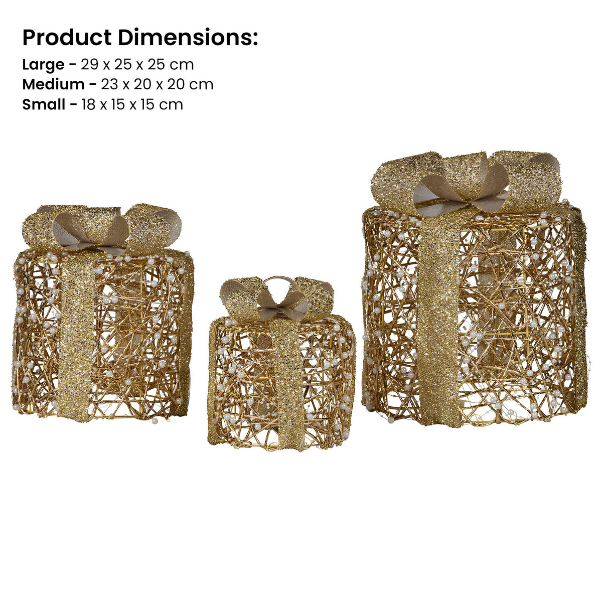 Set of 3 LED Christmas Gift Box Decorations with Gold Bows