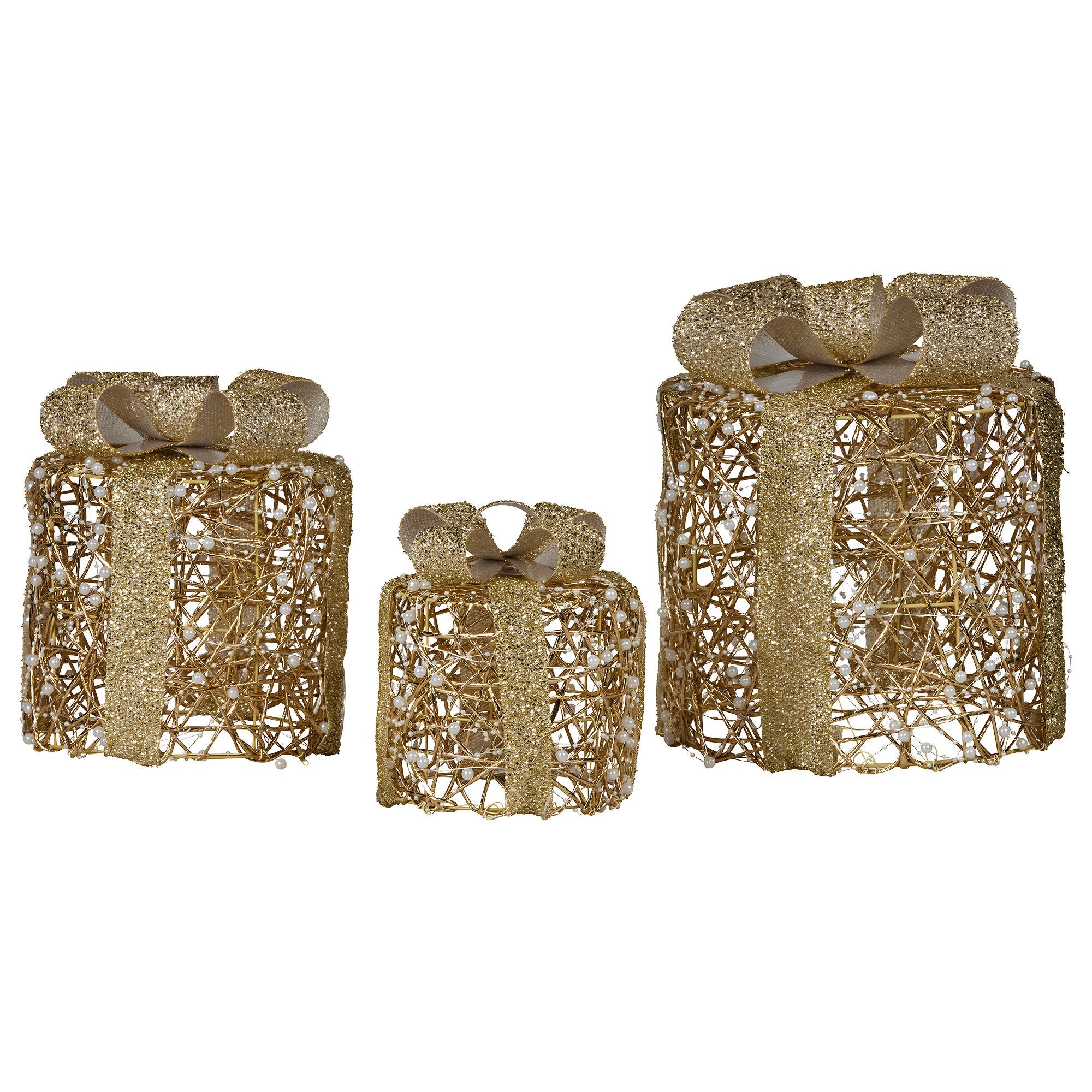 Set of 3 LED Christmas Gift Box Decorations with Gold Bows